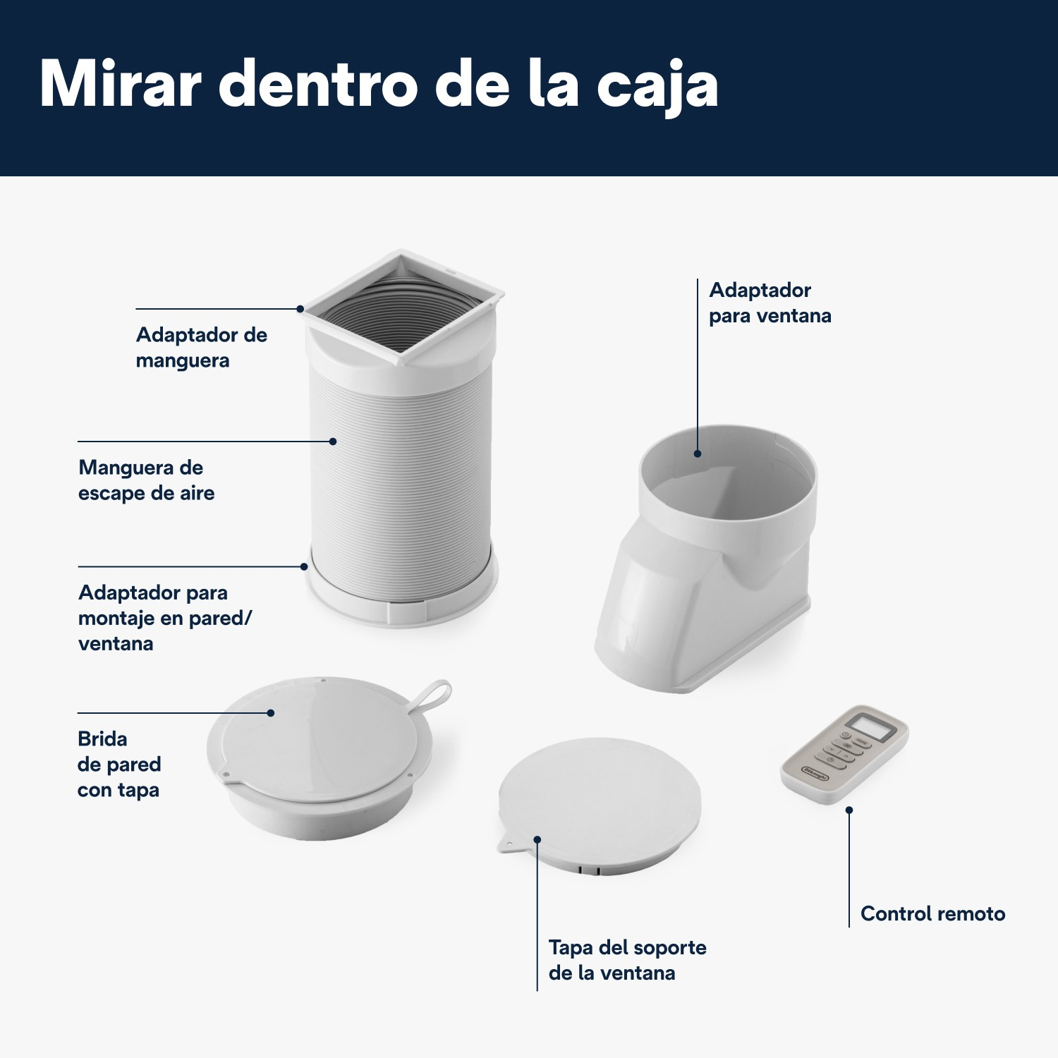 Piezas blancas de aire acondicionado con etiquetas. Incluye manguera, adaptadores y mando a distancia.