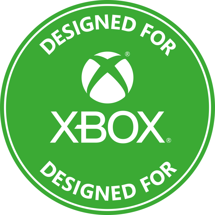 Grüner runder Xbox-Aufkleber mit weißem Text: 'DESIGNED FOR XBOX'.