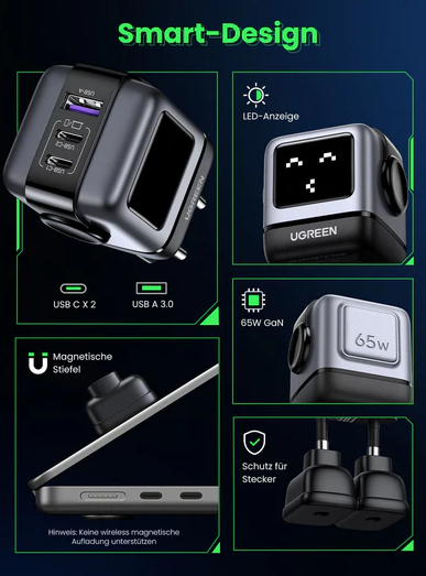 Ein schwarzer und silberner UGREEN-Netzadapter mit mehreren Anschlüssen und Smart-Design-Anzeige.