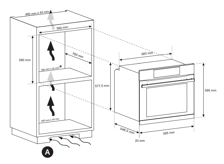 Beépített sütő és szekrény diagramja, mm-es méretekkel.
