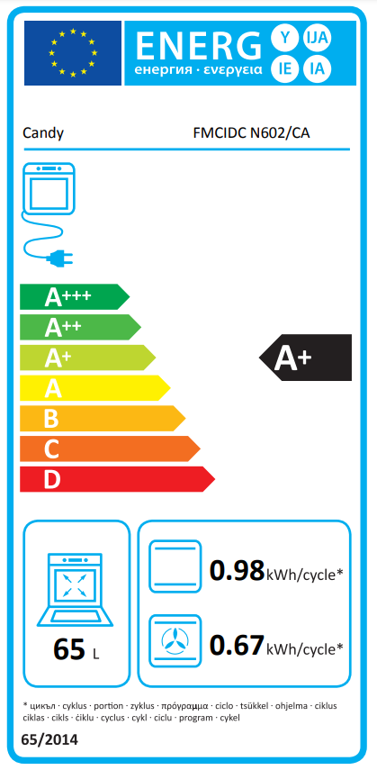 Egy energiacímke. Egy sütő energiahatékonysági besorolását mutatja, skálával és szöveggel.