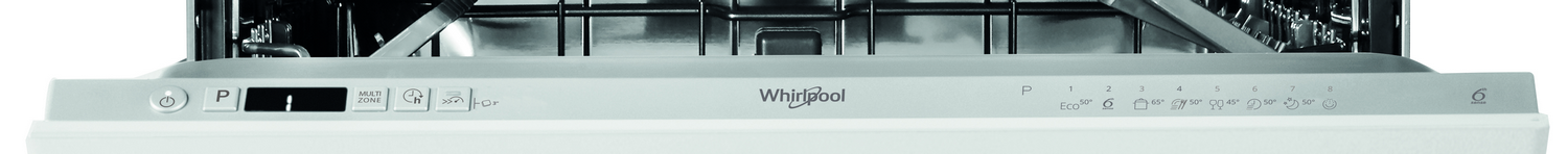 Primer plano del panel de control del lavavajillas con botones y el logo de Whirlpool.