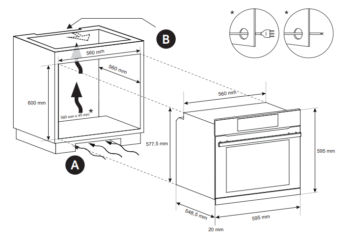Sütő diagramja méretekkel és telepítési részletekkel. Méreteket, nyilakat és dugaszdiagramokat tartalmaz.