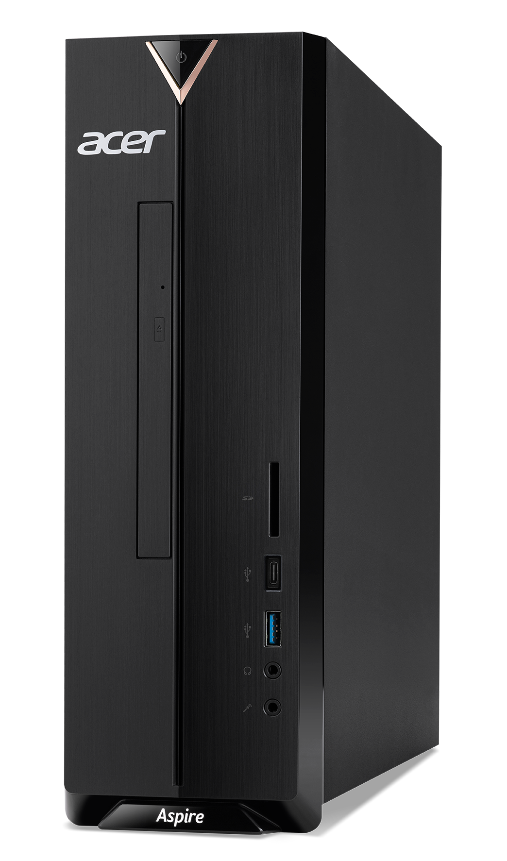 Un ordenador de sobremesa Acer Aspire negro, vista frontal. Tiene puertos y una unidad de DVD.