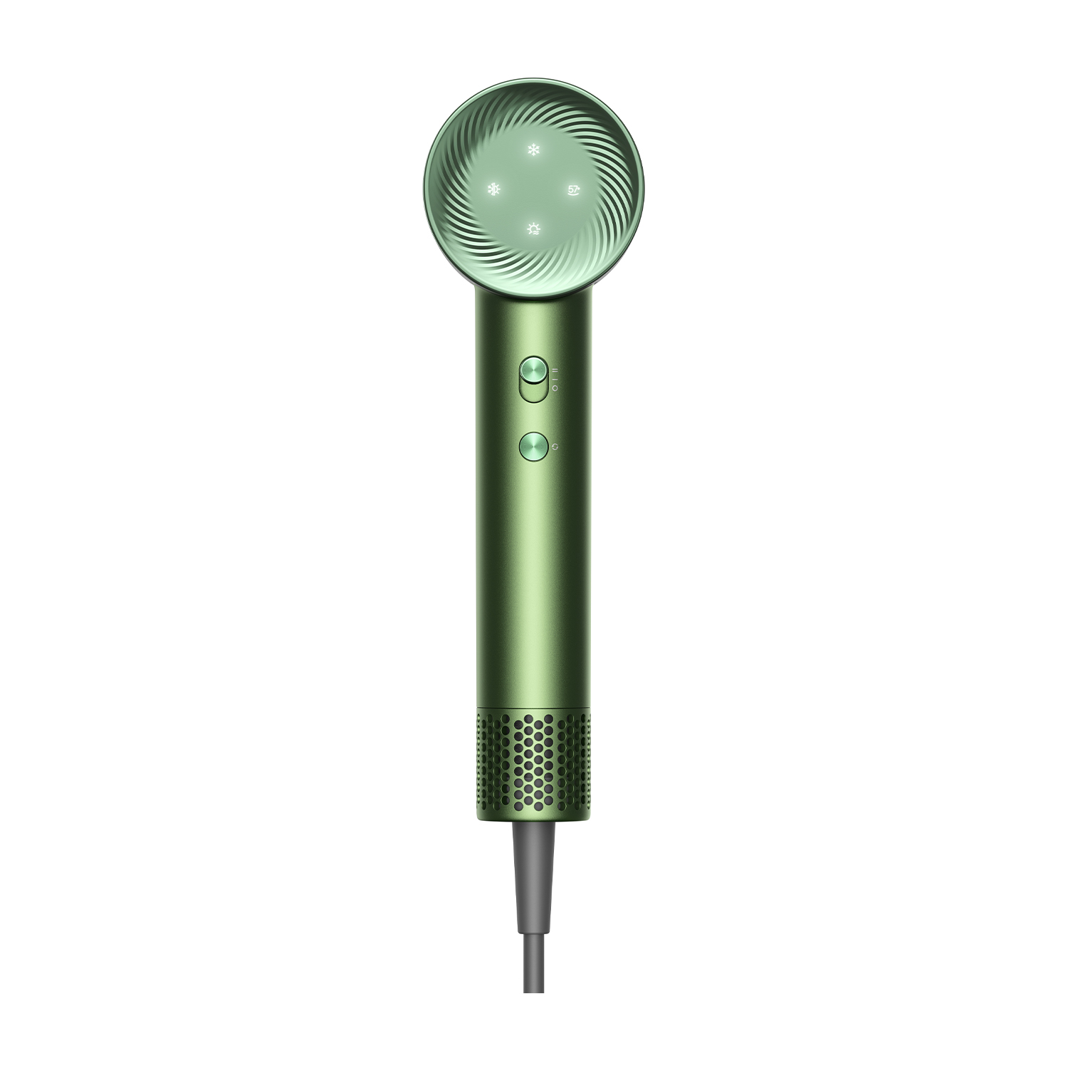 Un asciugacapelli verde. Ha un ugello circolare e due pulsanti. Lo sfondo è bianco.