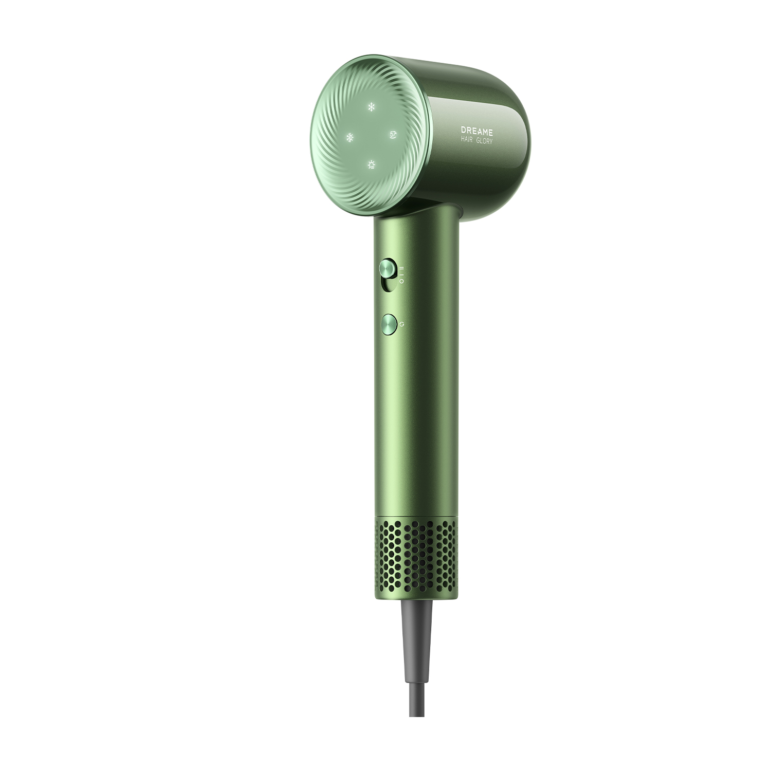 Asciugacapelli verde su bianco. Il dispositivo ha una testa rotonda e un manico lungo.