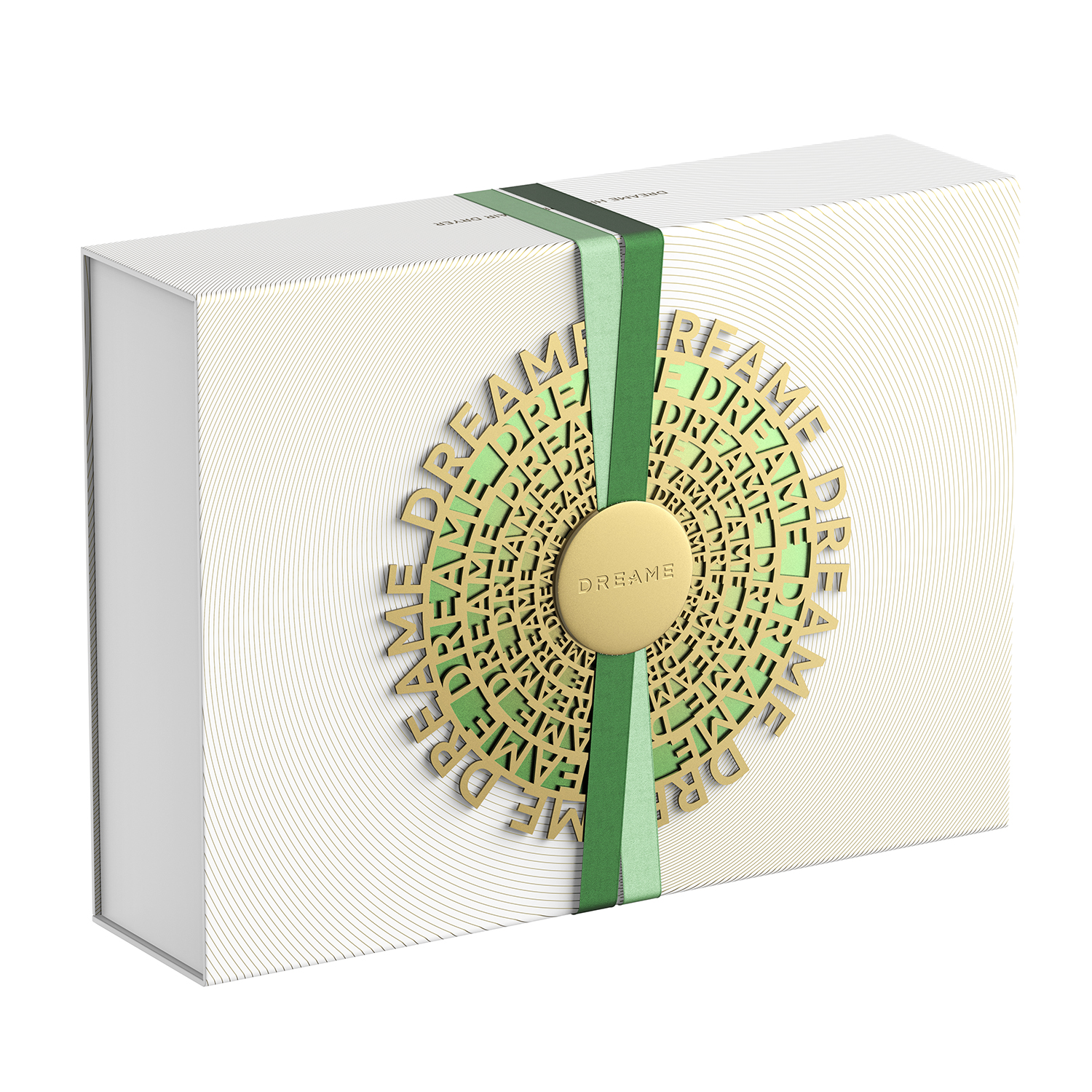 Confezione regalo con nastro verde e medaglione dorato. Scatola bianca.