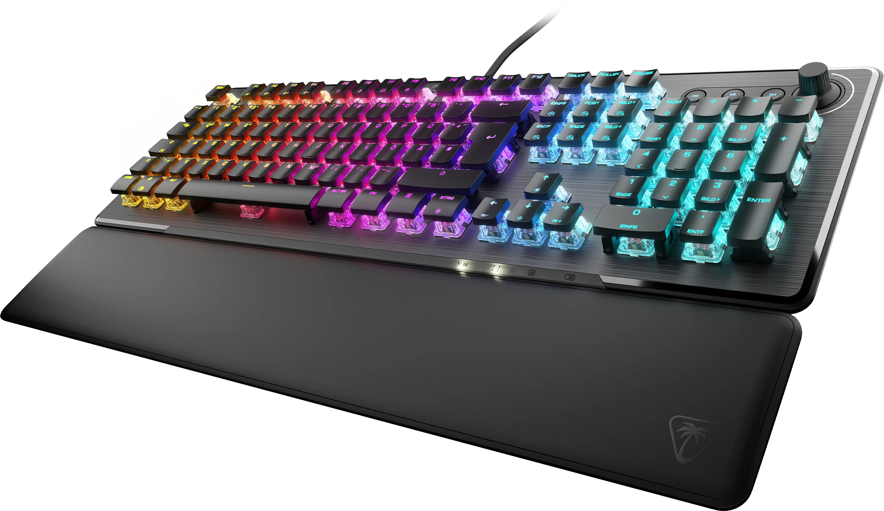 Tastatur mit bunten, beleuchteten Tasten und Handgelenkauflage.
