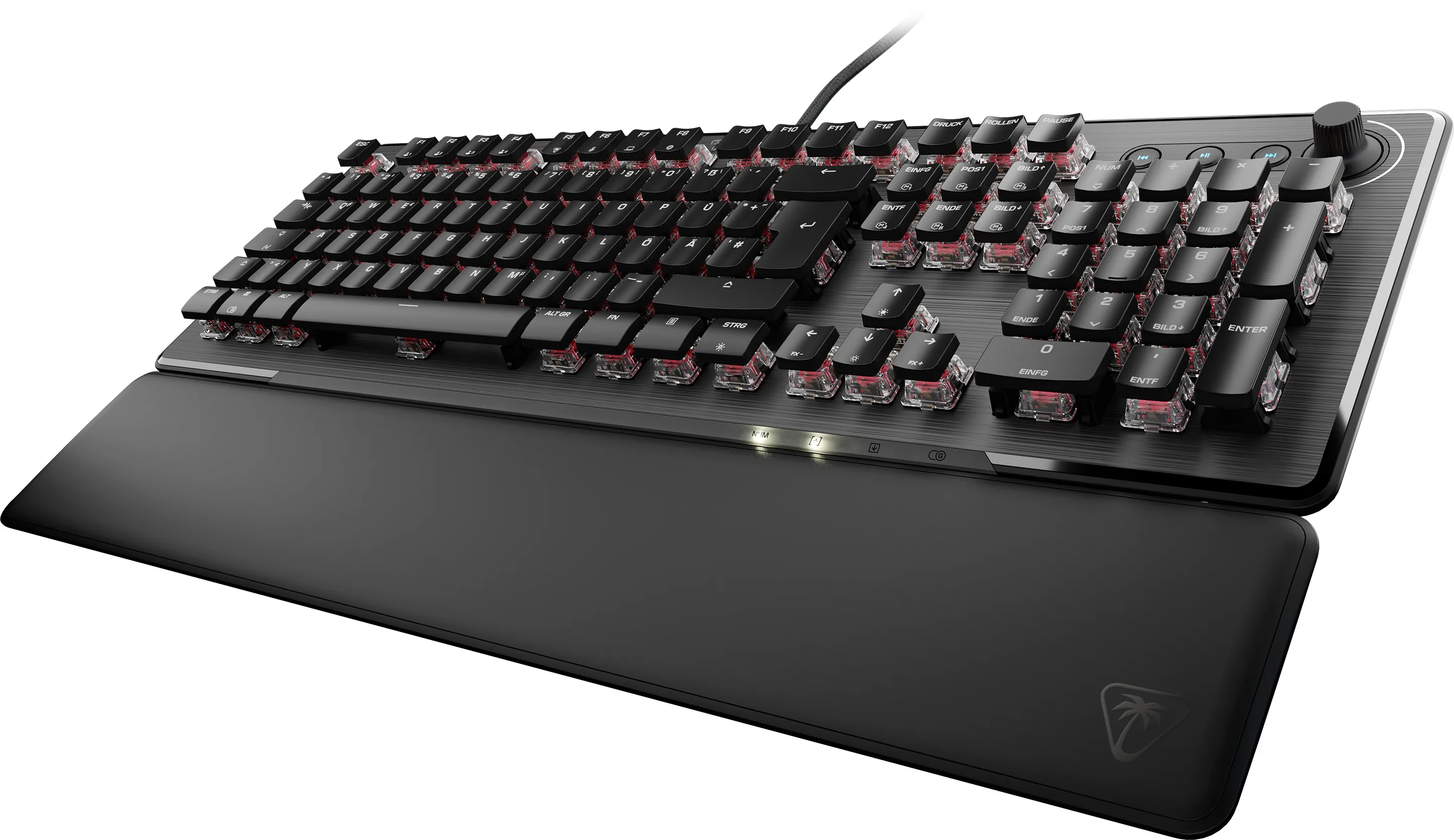 Eine schwarze Tastatur mit rot hinterleuchteten Tasten und einer Handballenauflage.