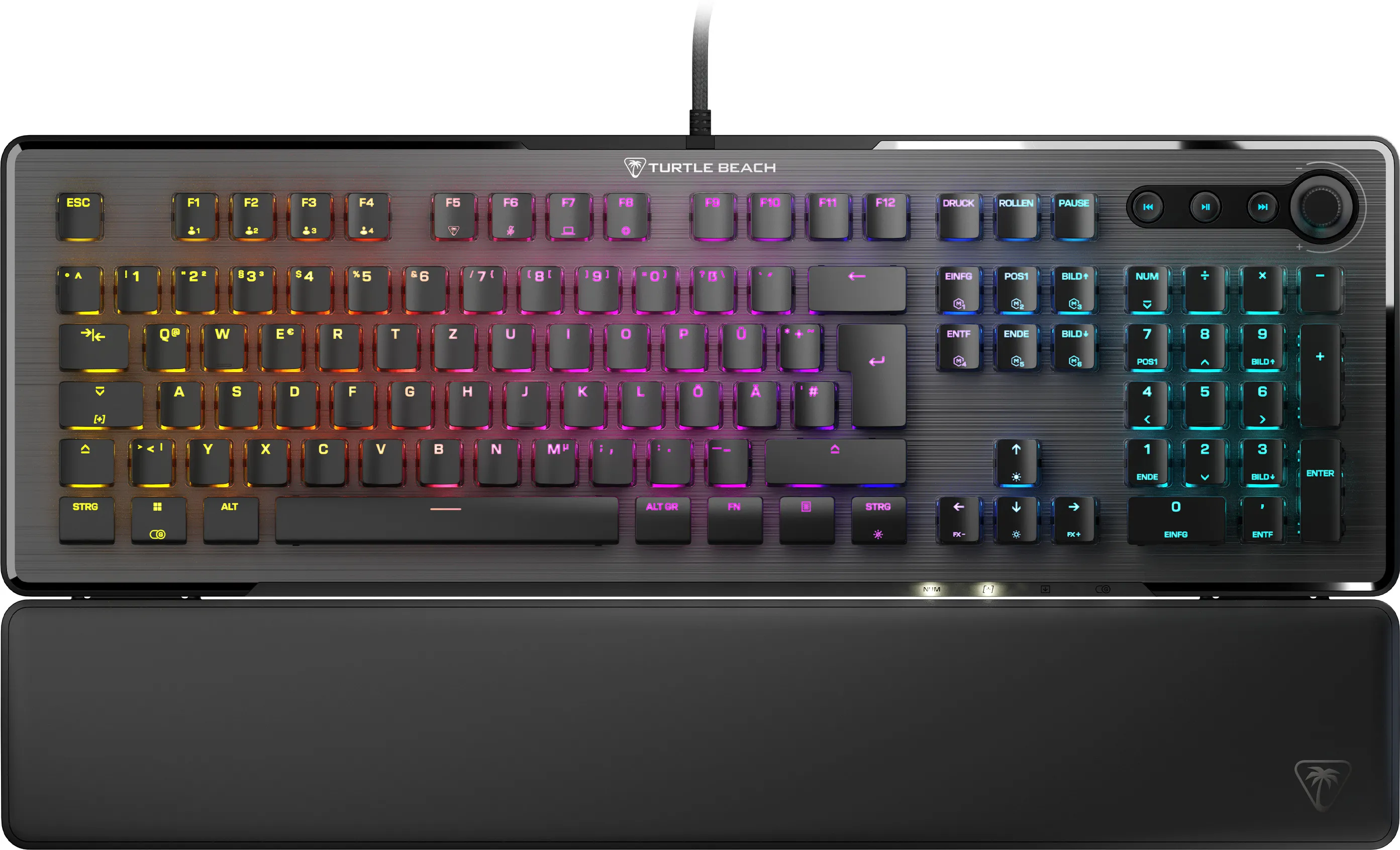 RGB-Gaming-Tastatur mit Handballenauflage. Schwarz mit farbig beleuchteten Tasten.