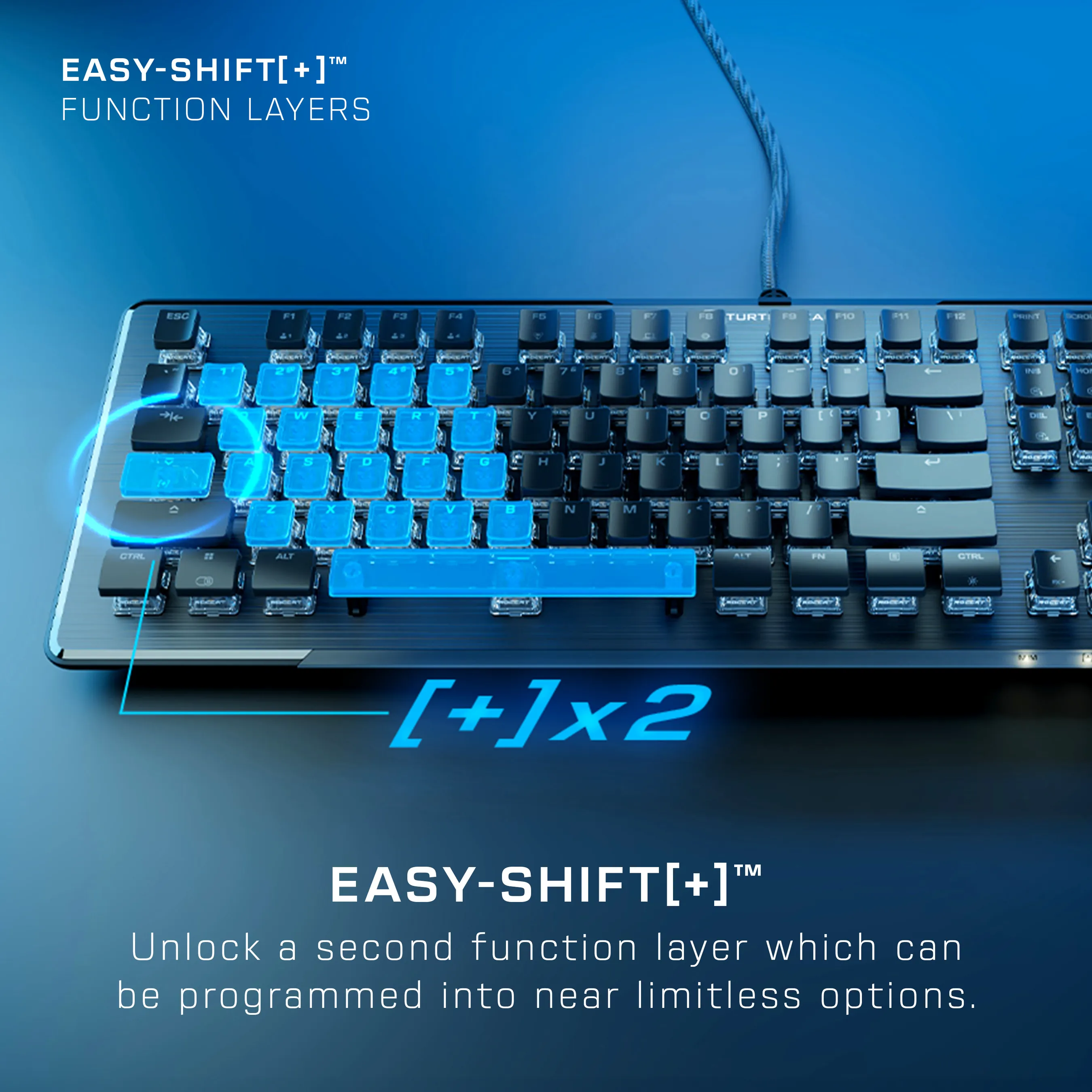 Gaming-Tastatur mit blau beleuchteten Tasten. Der Ausdruck EASY-SHIFT[+] ist sichtbar.