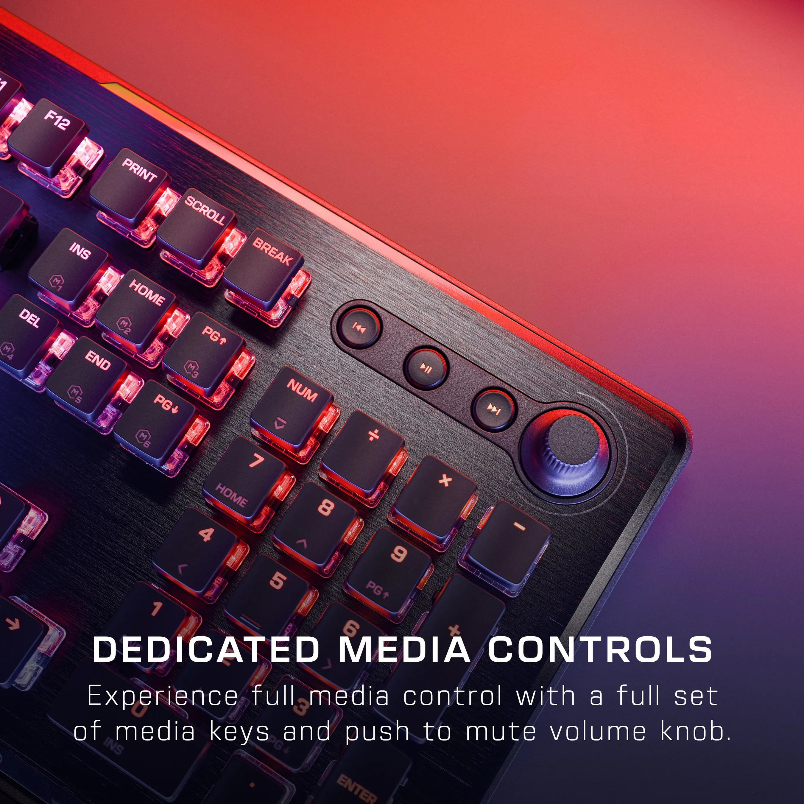 Beleuchtete Tastatur mit Medientasten. Rote Hintergrundbeleuchtung, Medientasten und Lautstärkeregler. Schwarz.