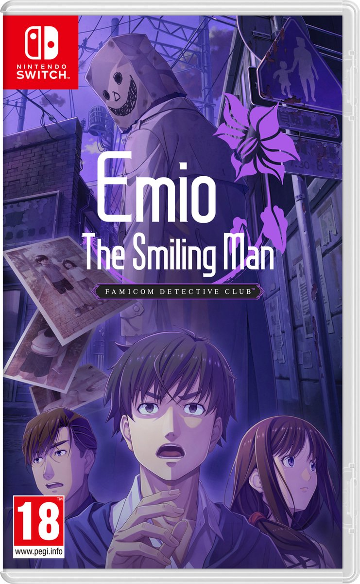 Boîte de jeu de 'Emio The Smiling Man' avec illustrations de style anime et fond violet.