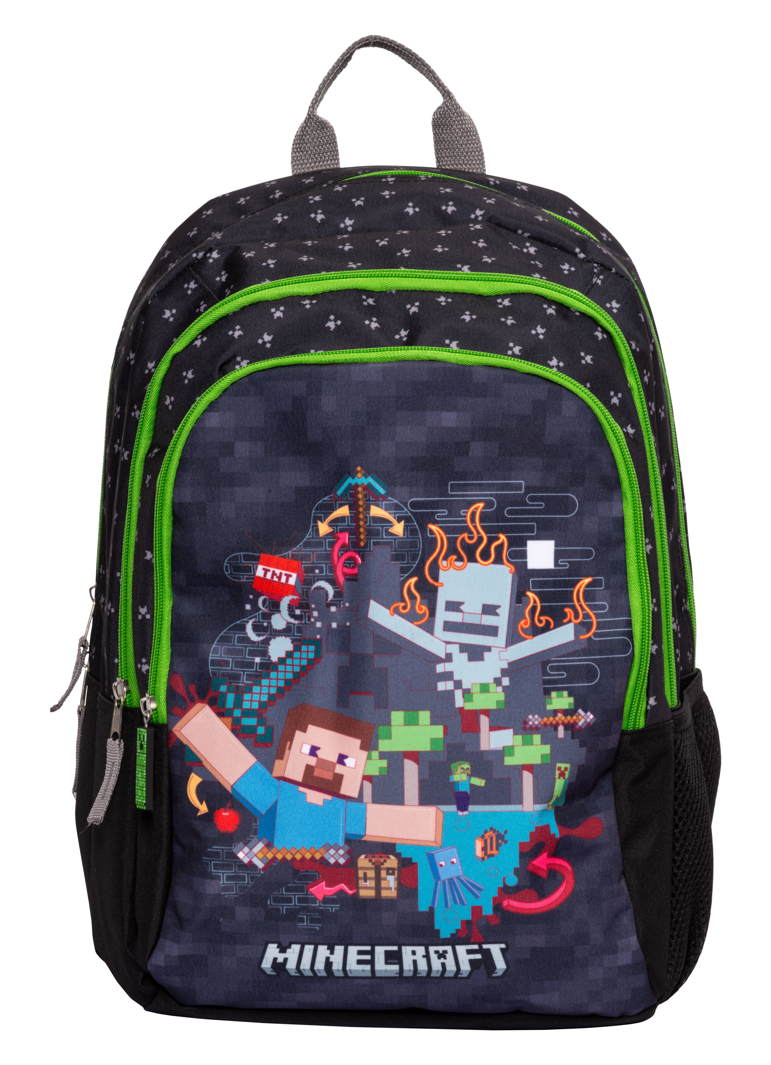 Minecraft Rucksack mit Charakteren und Symbolen. Schwarz mit grünen Akzenten. Minecraft Logo.