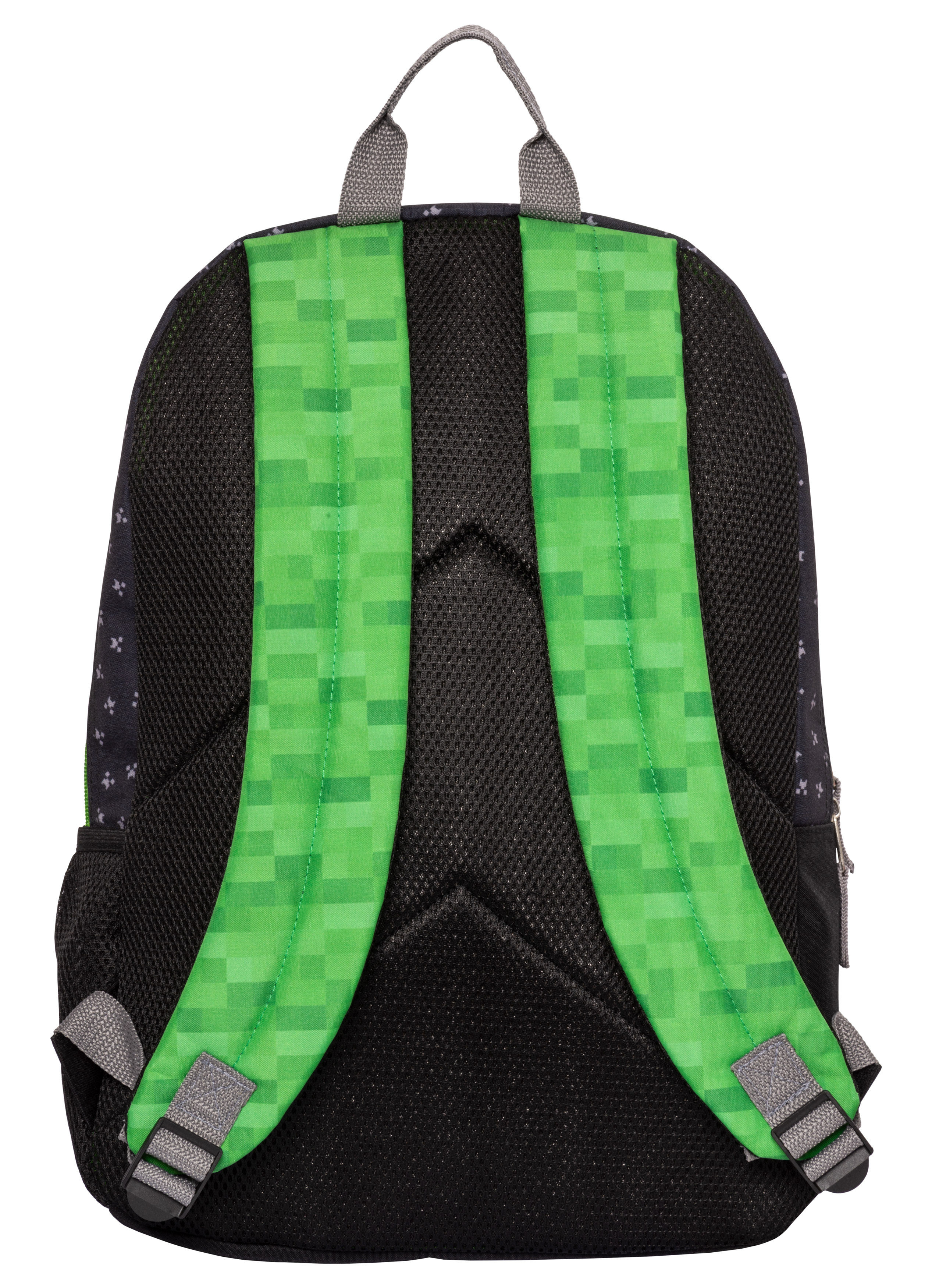 Rückseite eines Minecraft-Rucksacks mit Creeper-Muster, grünen Trägern und weißem Hintergrund.