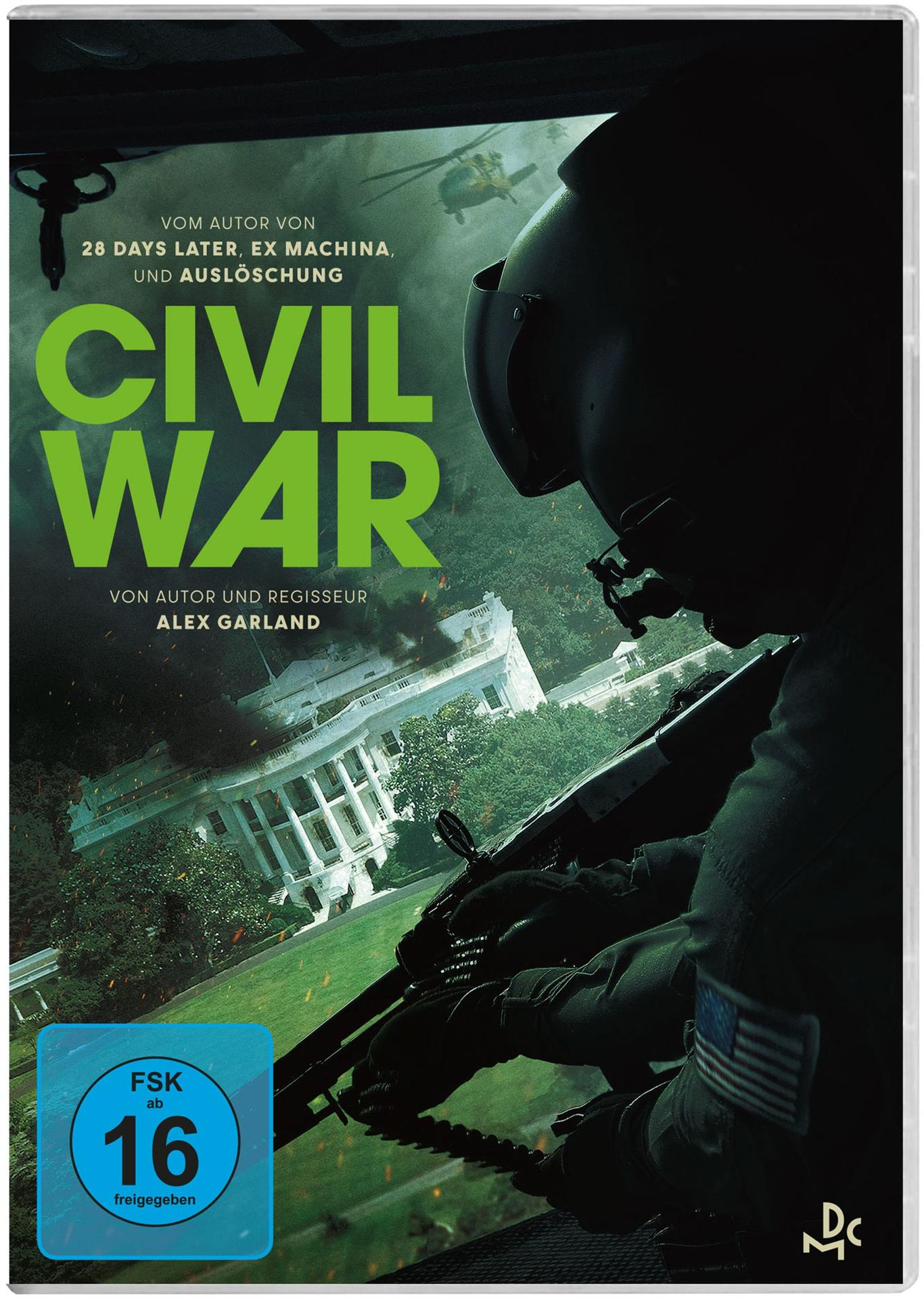 Civil War DVD-Cover: Helikopter über dem Weißen Haus, Soldat mit Gewehr, feuriger Hintergrund.