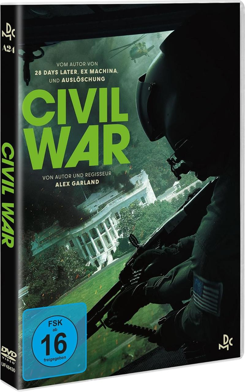 DVD-Hülle mit dem Filmtitel "Civil War", Hubschraubern und einem Bild des Weißen Hauses.