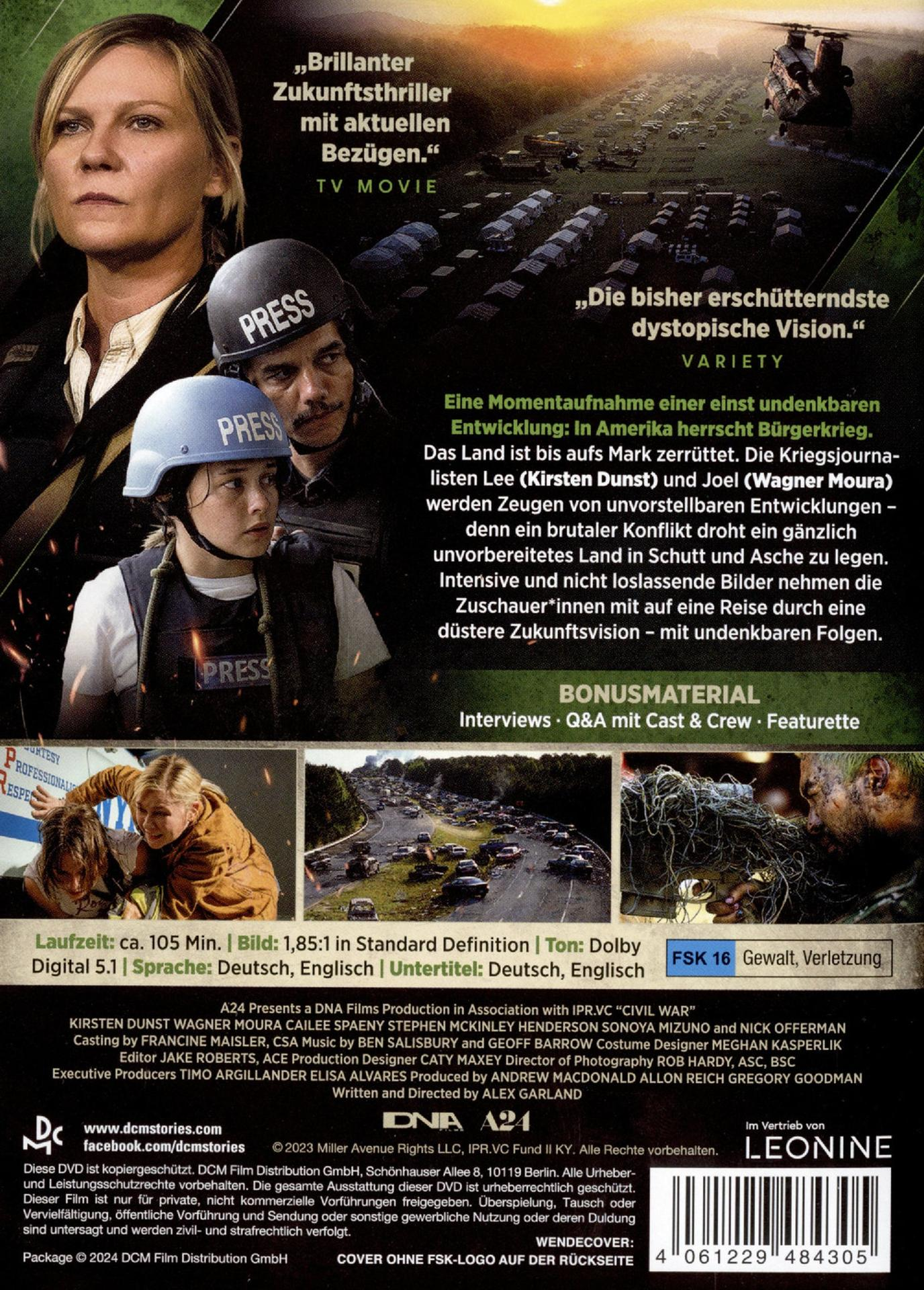 DVD-Cover für den Film 'Civil War' mit Schauspielern und Text.