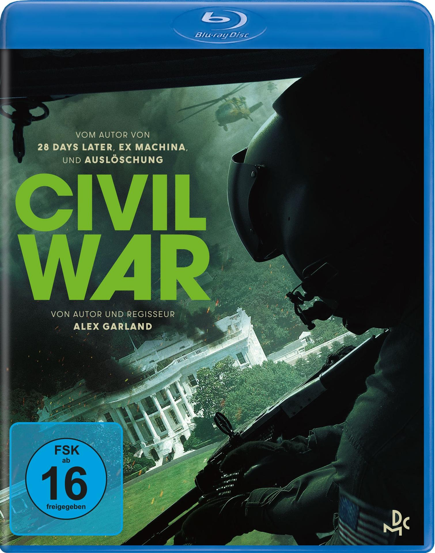 Civil War Filmcover. Soldat in einem Hubschrauber mit Stadt im Hintergrund.