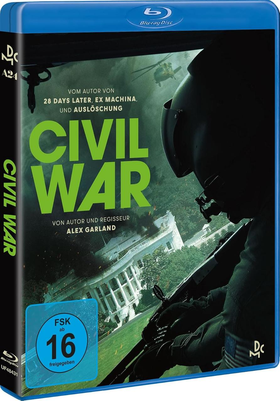 Filmcover für Civil War, mit einem Soldaten und einem Bild des Weißen Hauses. Blu-ray Disc Label.
