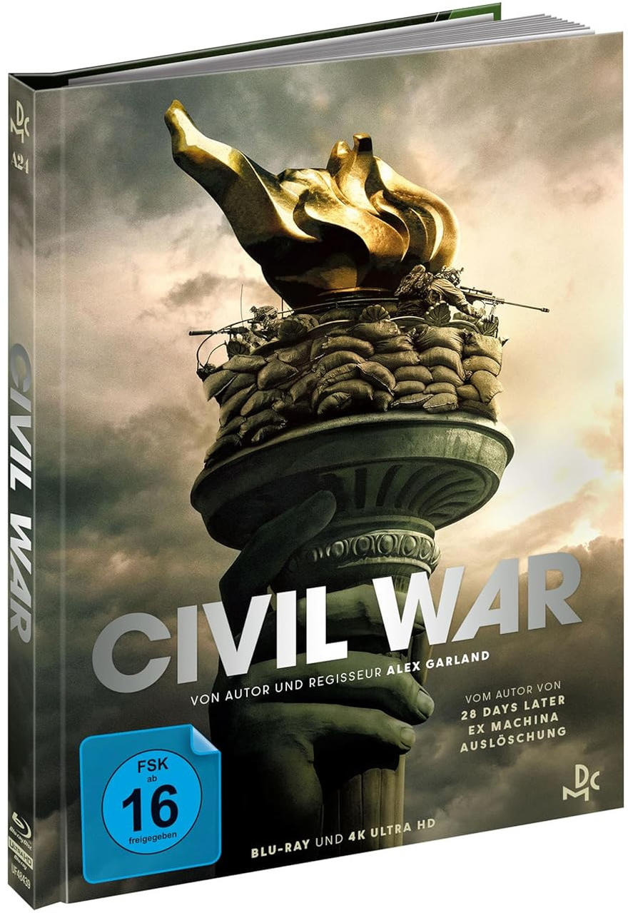 Ein Filmcover, "Civil War", mit einem Fackelbild, Text und einem blau-weißen Farbschema.