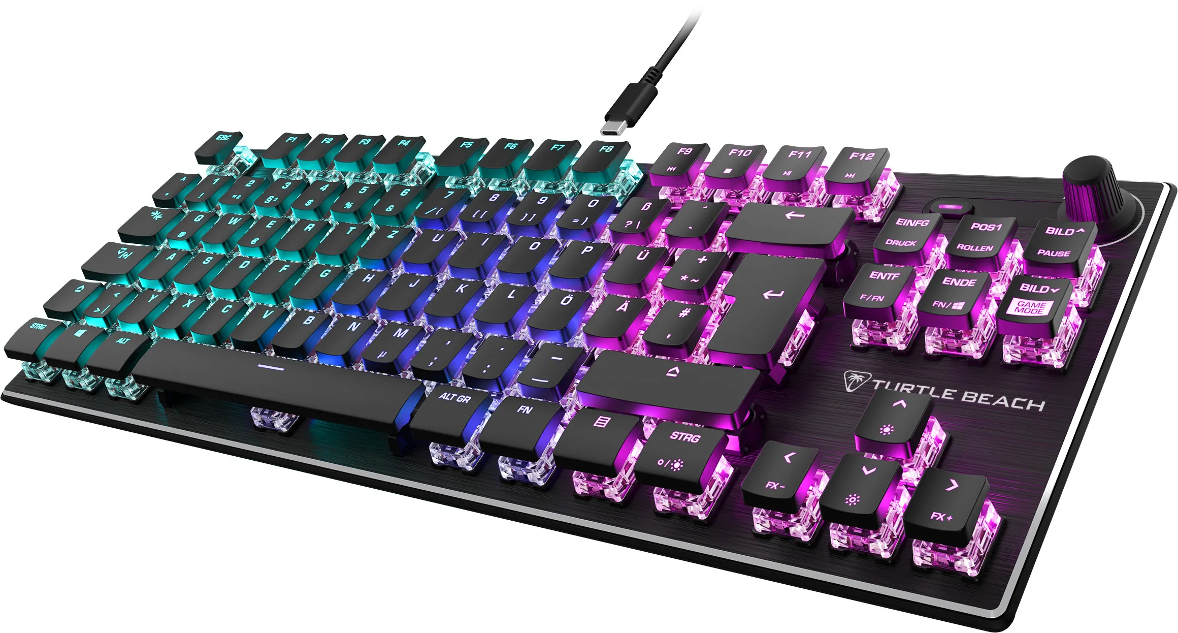 Un clavier gaming noir et bleu avec des touches colorées et un bouton de volume.