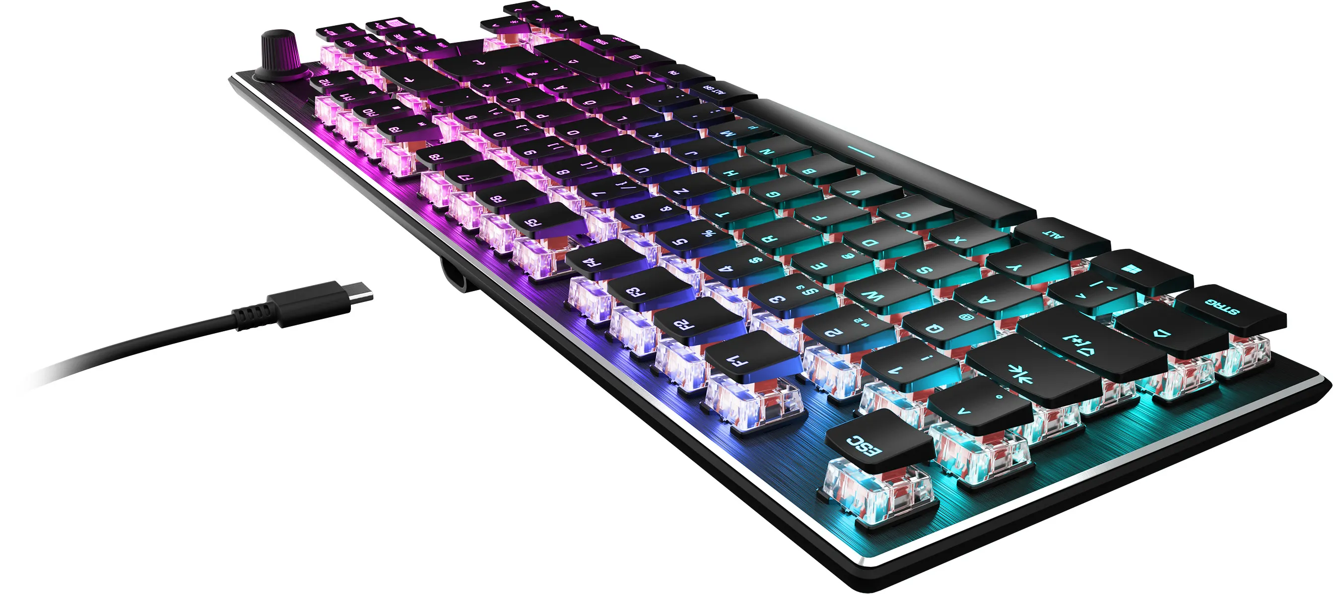 Un clavier noir avec des touches transparentes et un éclairage RVB coloré.