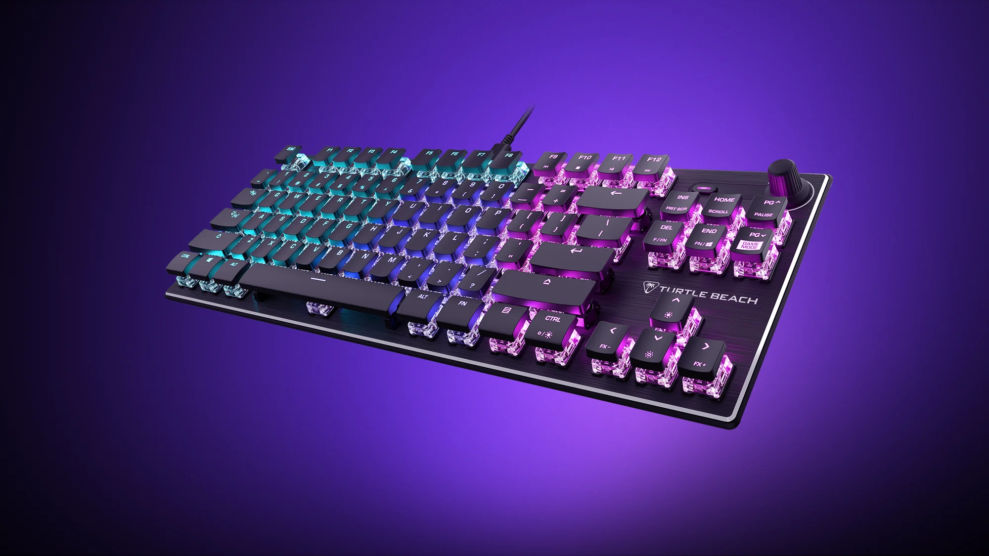 Clavier de jeu avec touches éclairées en bleu, violet et rose, base noire.