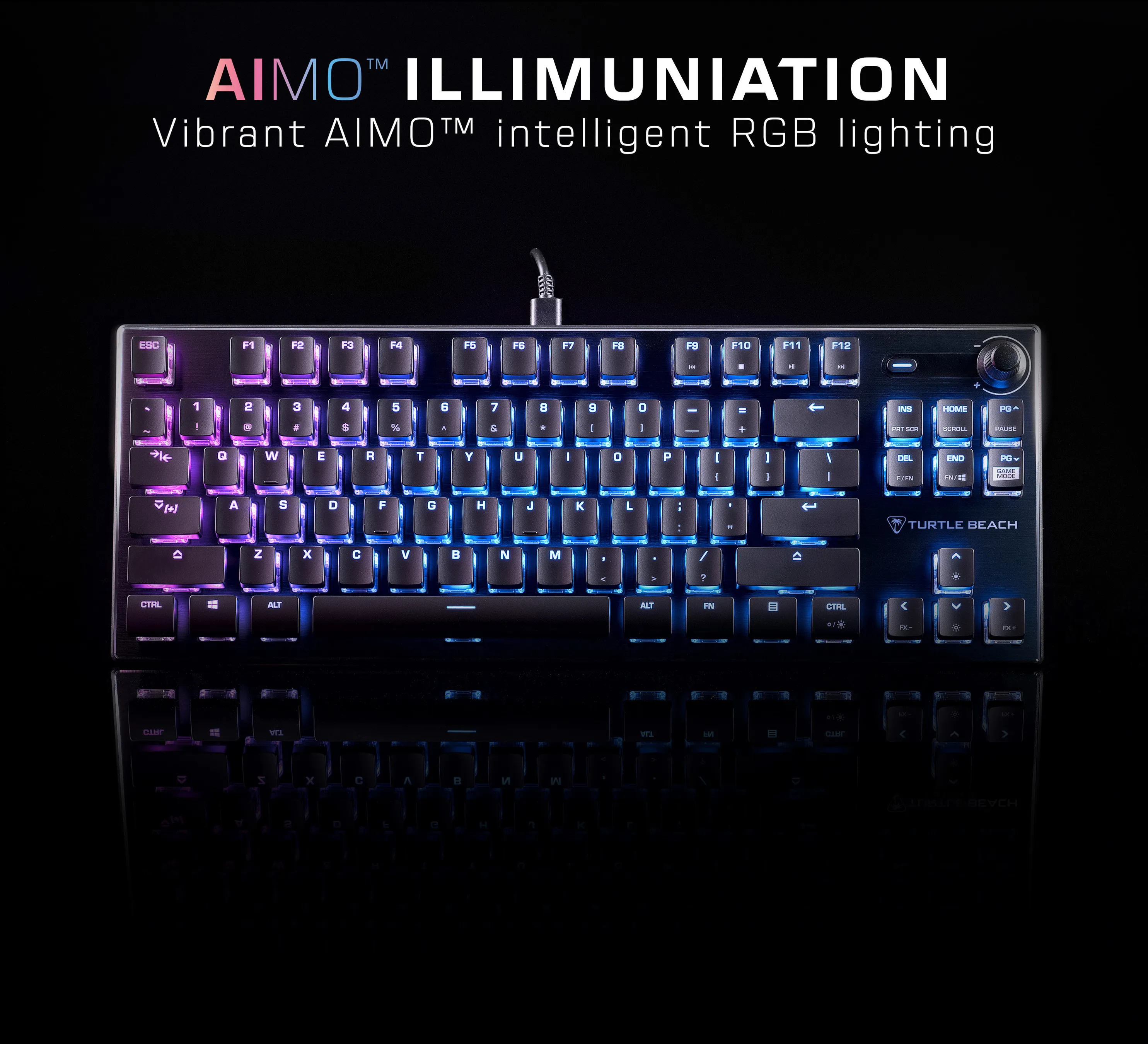 Clavier noir avec touches colorées. Le mot AIMO est visible en haut. Le clavier est sur une surface noire.