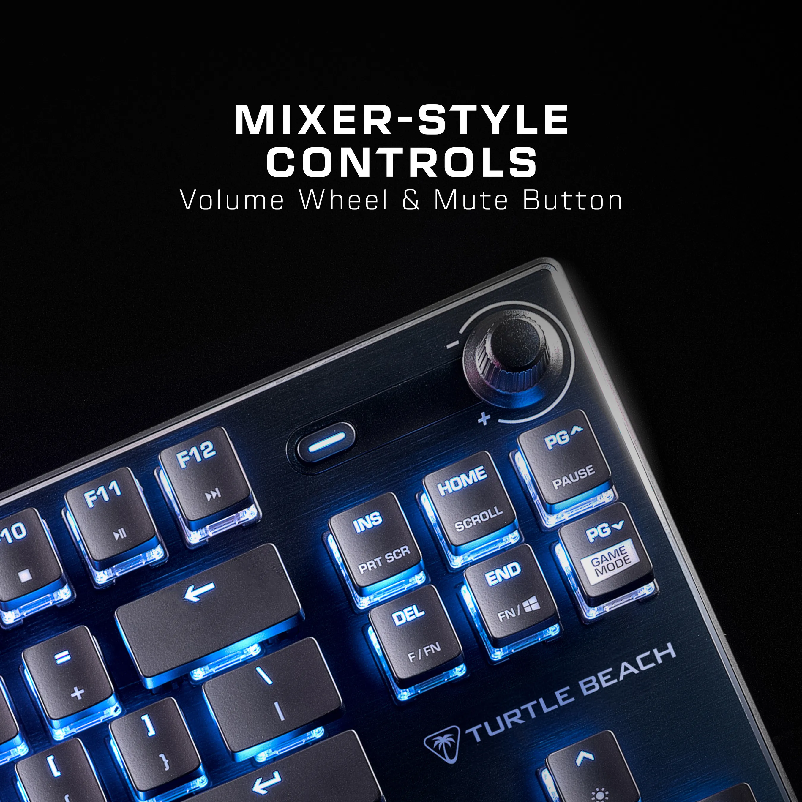 Clavier avec commandes de type mixeur et bouton de sourdine. Lumières LED bleues.
