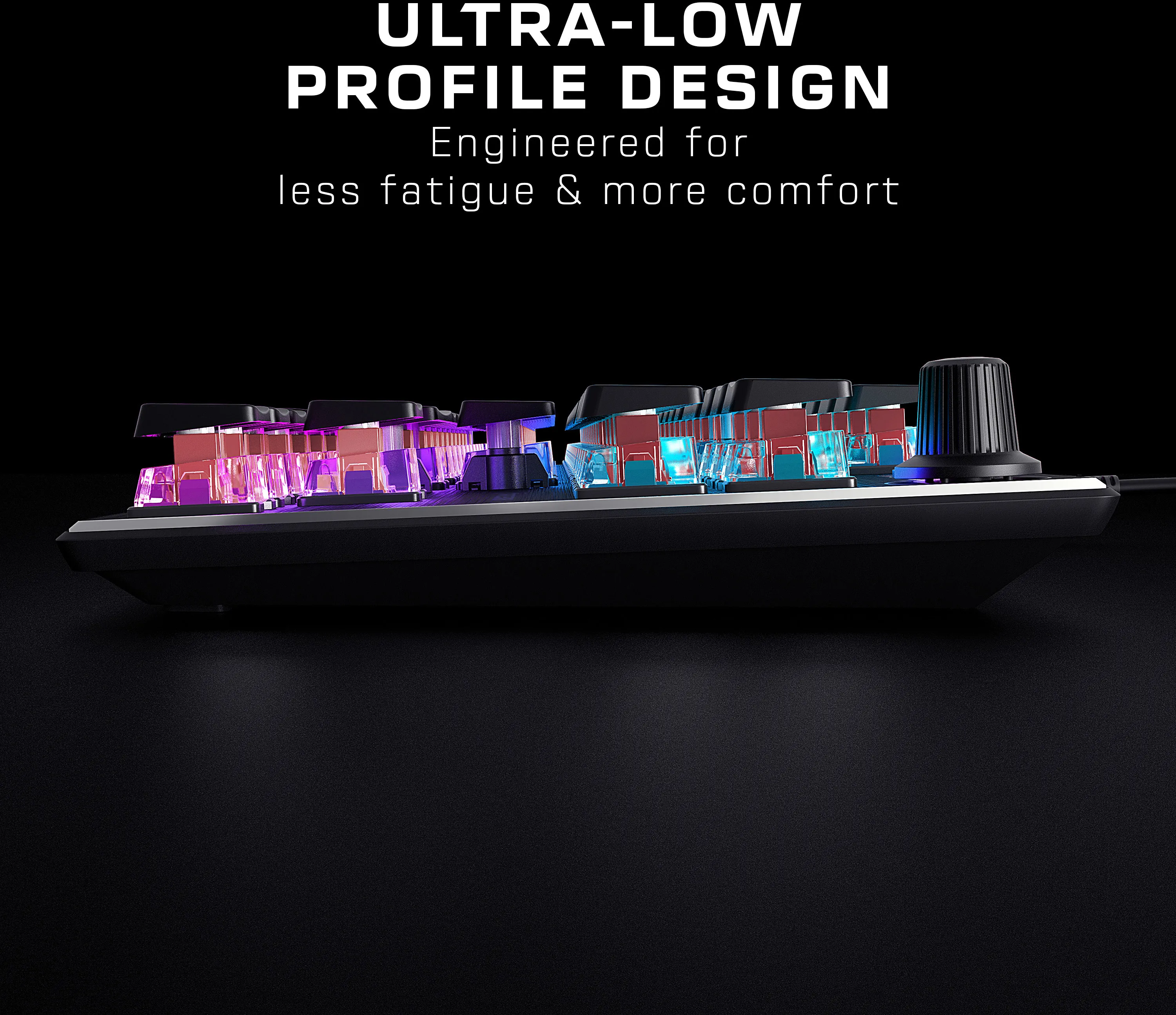 Clavier noir avec touches colorées, avec texte 'ULTRA-LOW PROFILE DESIGN' sur fond noir.