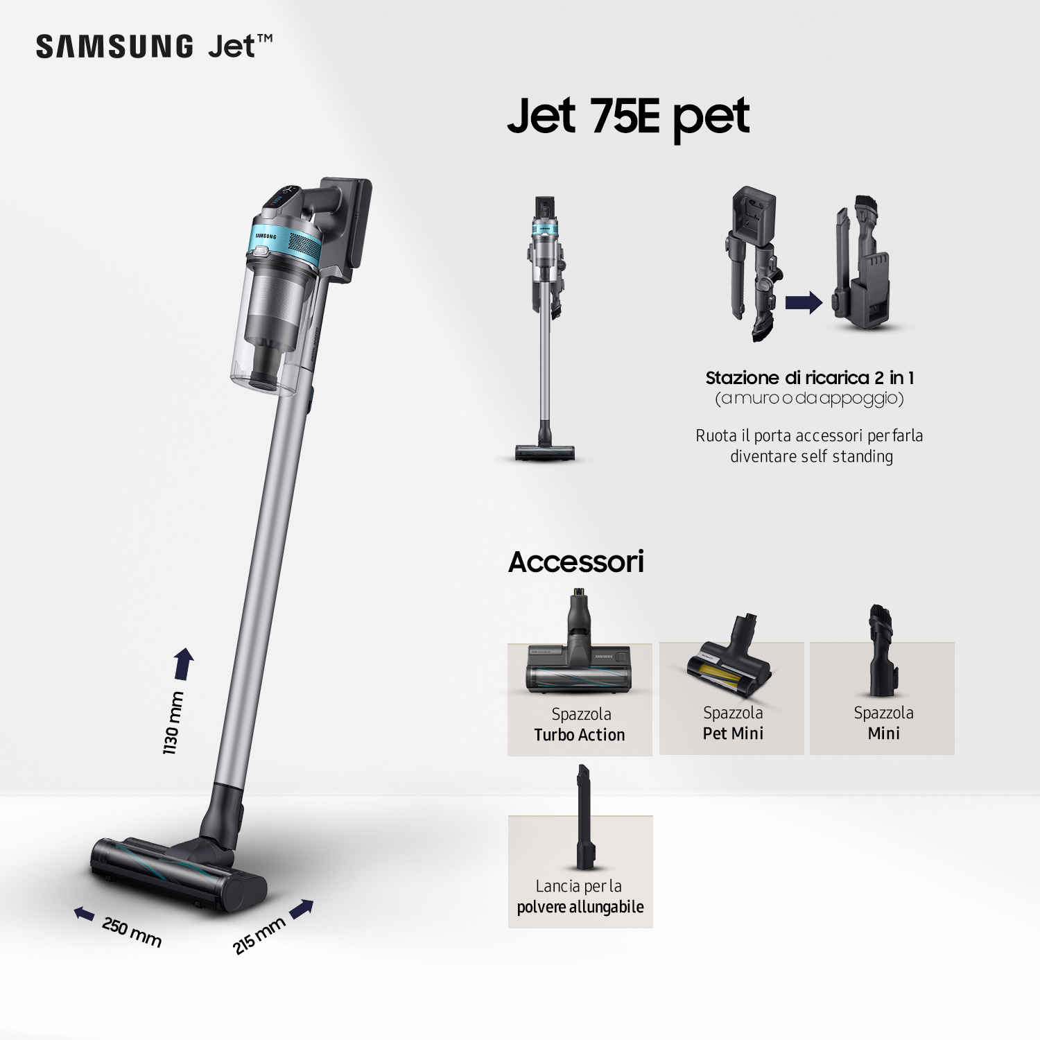 Un aspirapolvere Samsung Jet 75E pet argento e nero con accessori ed etichette dimensionali.