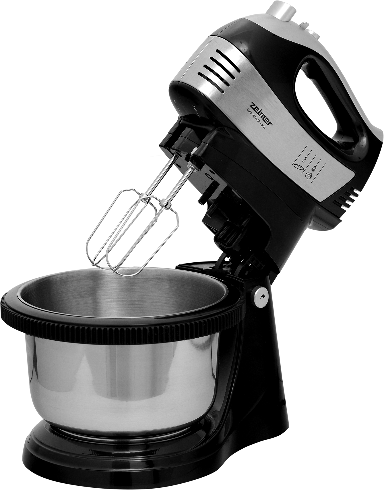 Fekete-ezüst kézi mixer rozsdamentes acél tálban. A mixer meg van döntve.