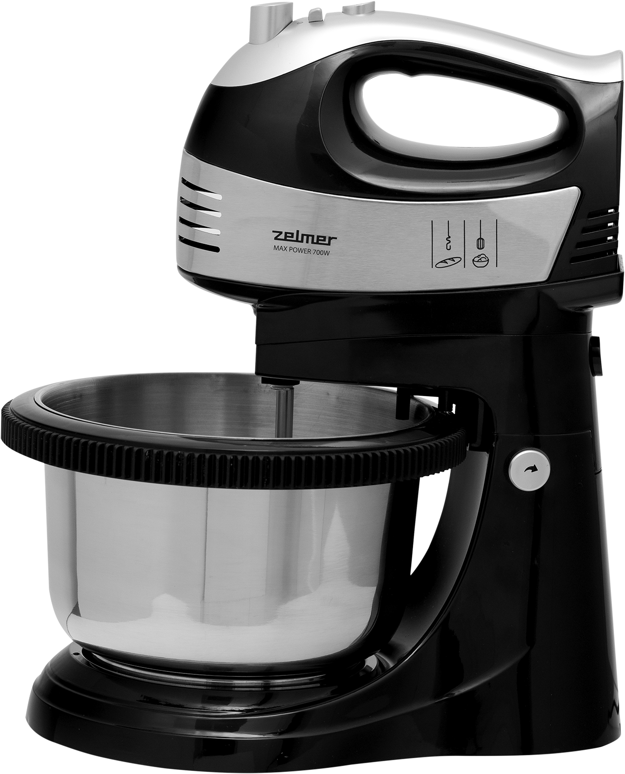 Fekete-ezüst kézi mixer rozsdamentes acél tálal és fekete alappal.