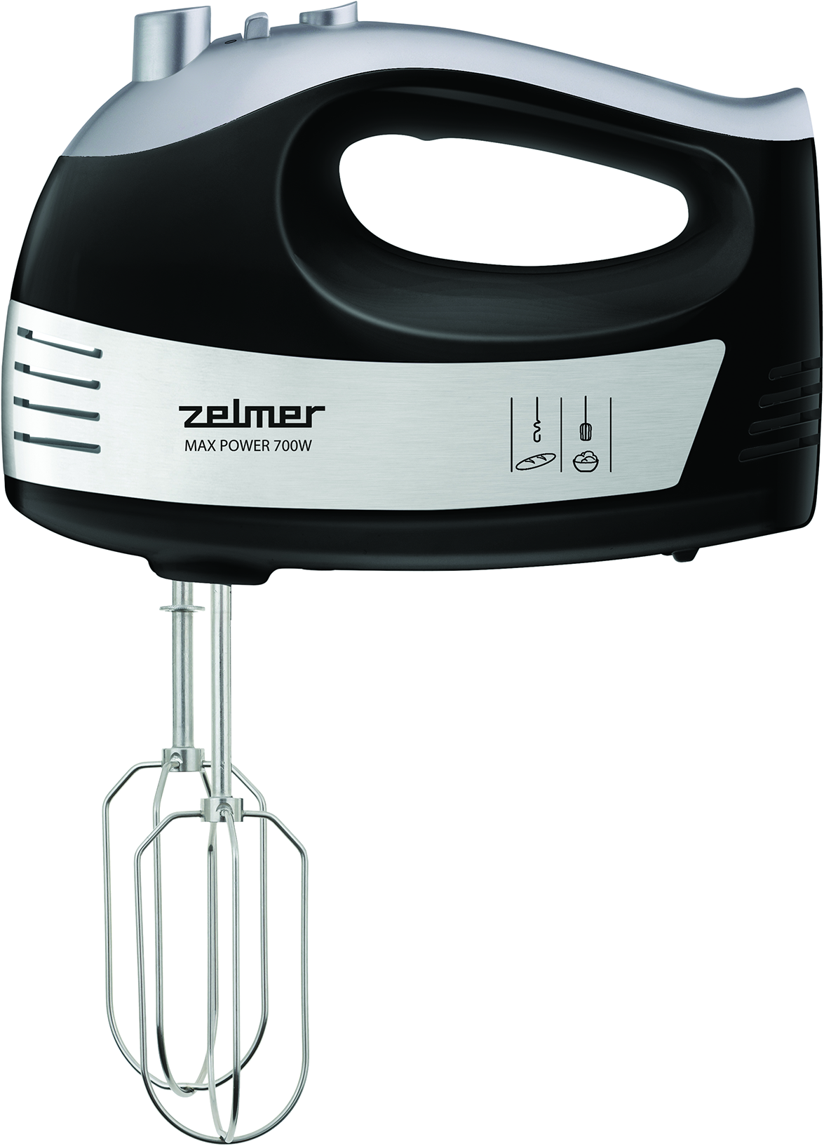 Egy fekete-ezüst kézi mixer pengékkel. A márka Zelmer.