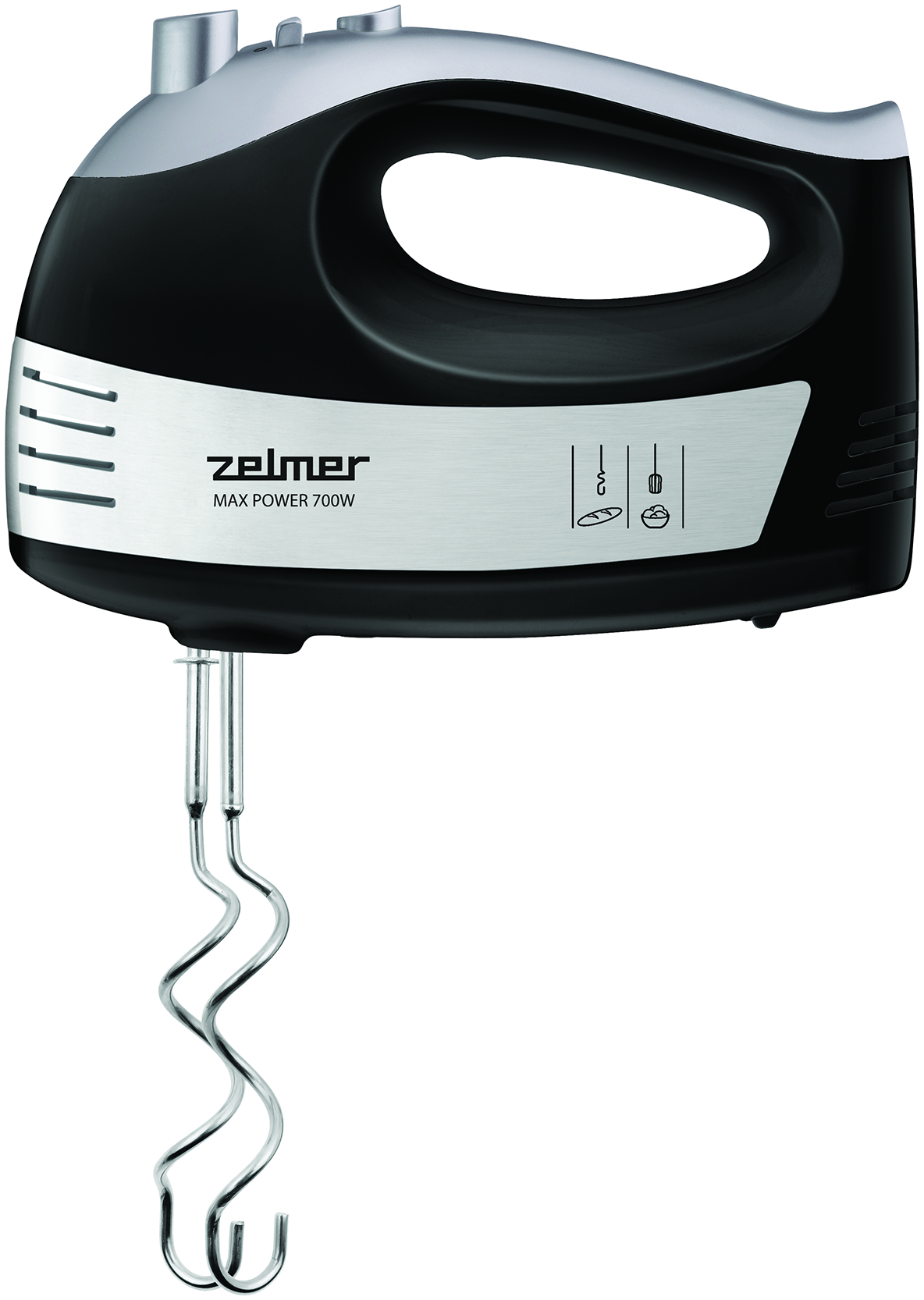 Egy fekete és ezüst kézi mixer a Zelmer márkával. A mixernek két keverője van.