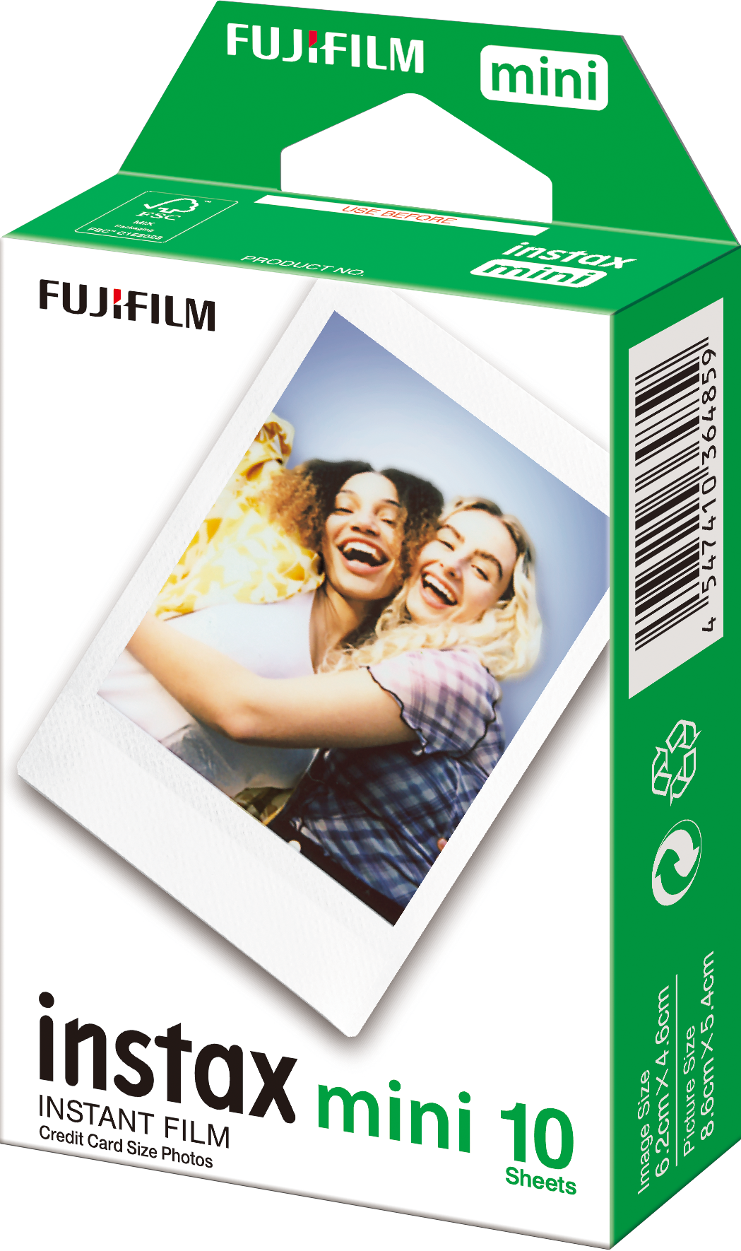 Pudełko z filmem Instax Mini z dwoma kobietami obejmującymi się na zdjęciu. Kolory zielony i biały.