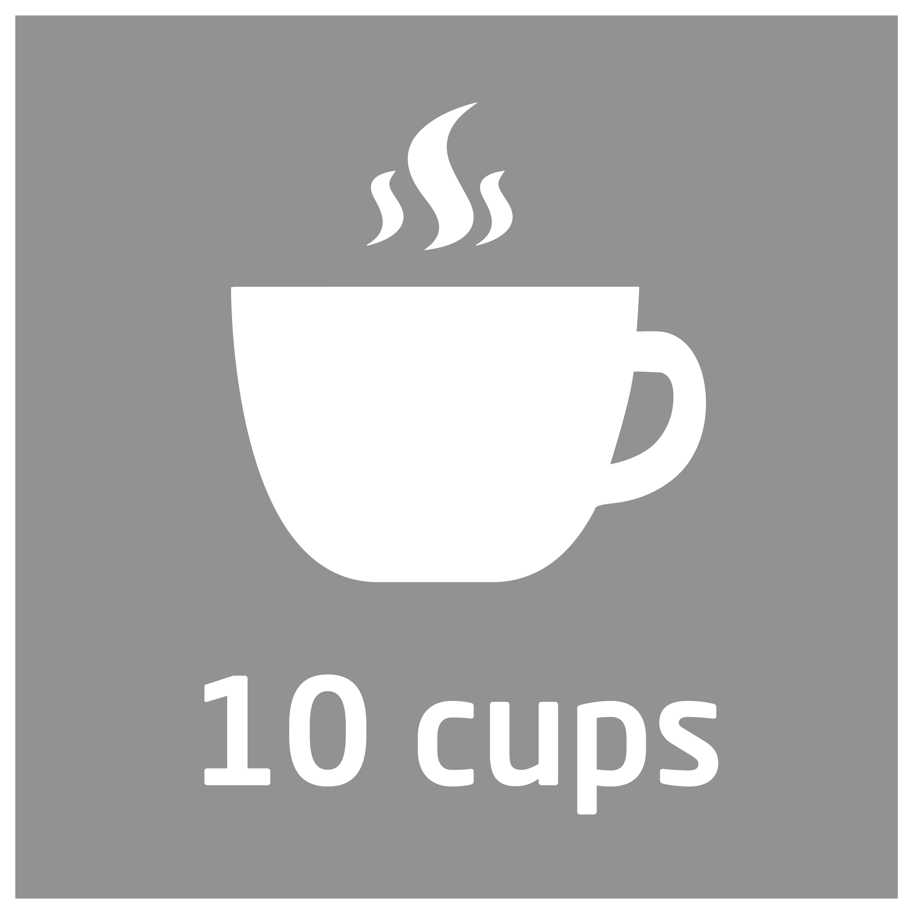 Weißes Tassen-Icon mit Dampf und Text '10 Tassen' auf grauem Hintergrund.