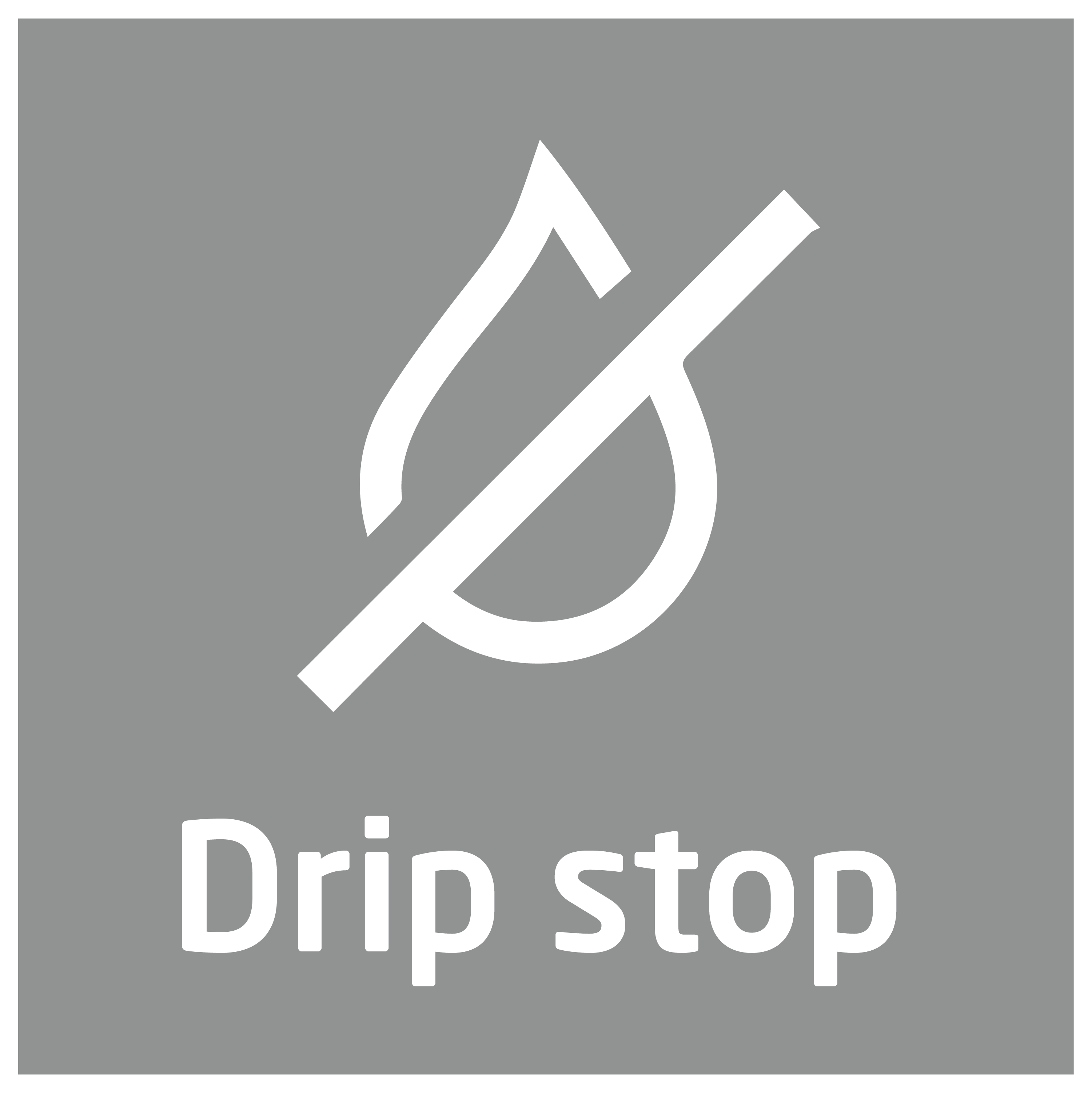 Das Symbol eines Wassertropfens mit einer Linie, mit dem Text 'Drip Stop'.