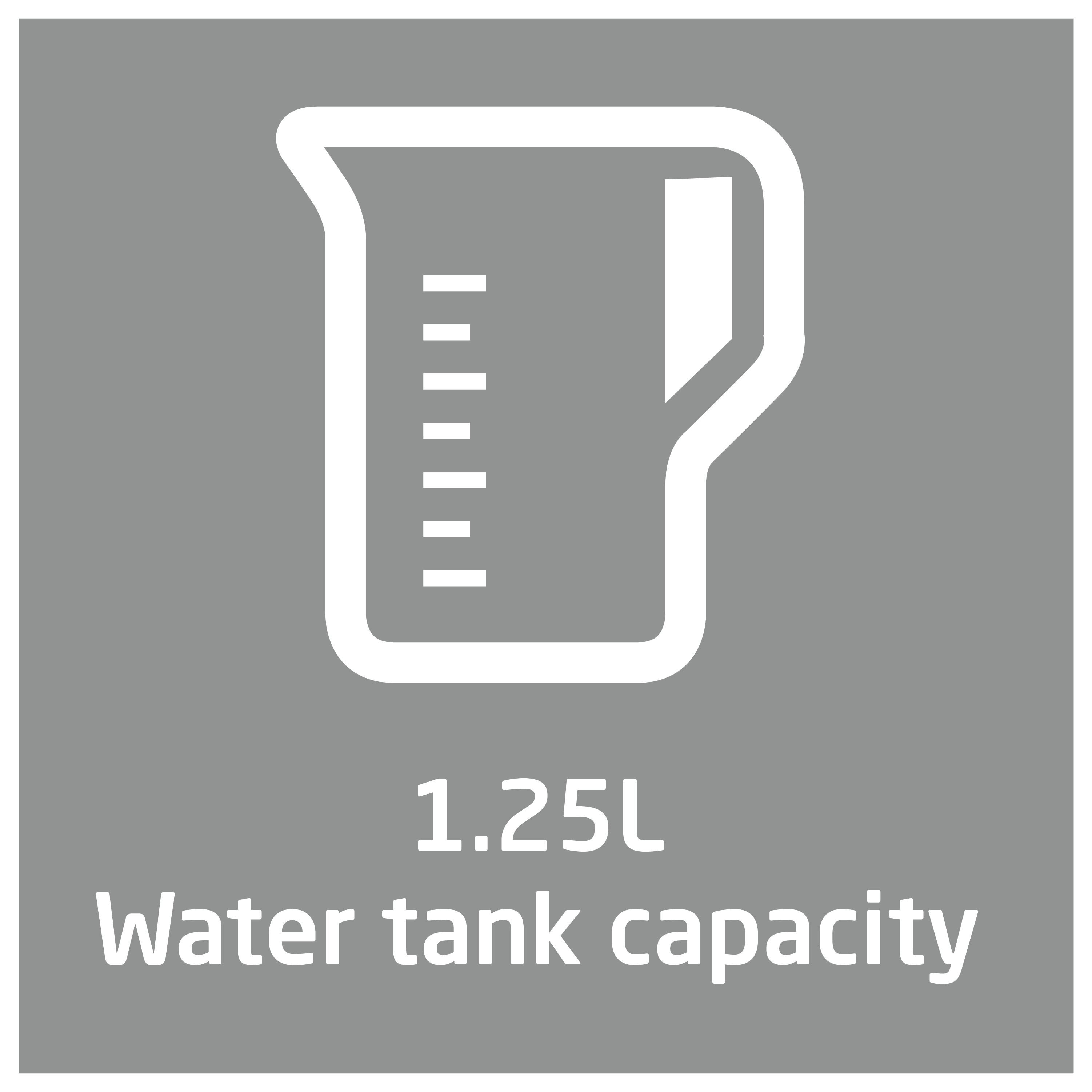 Weißes Krugsymbol mit grauem Hintergrund. Text: 1,25 l Wassertankkapazität.