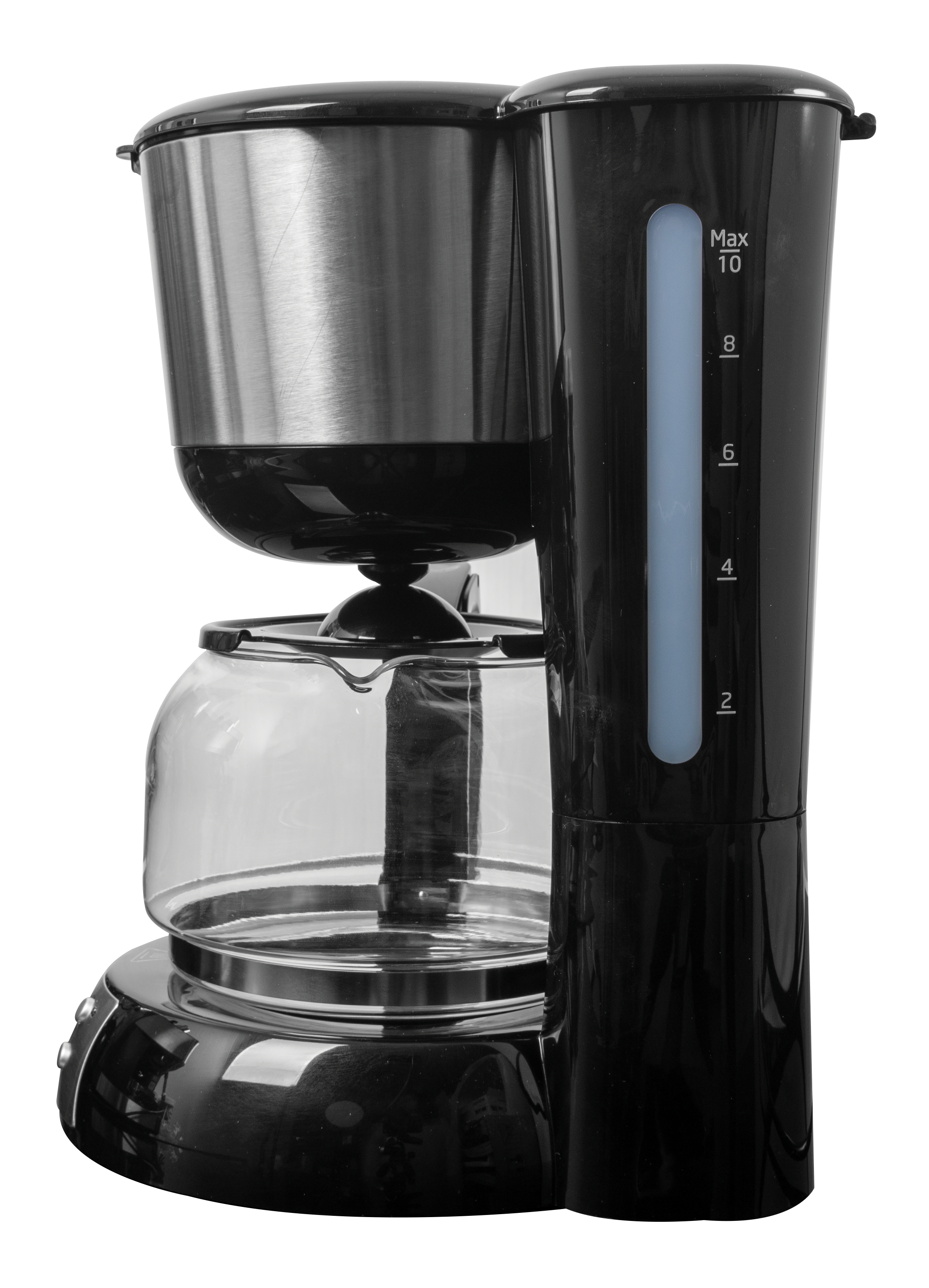 Eine schwarze Kaffeemaschine mit Glaskaraffe auf schwarzer Oberfläche.