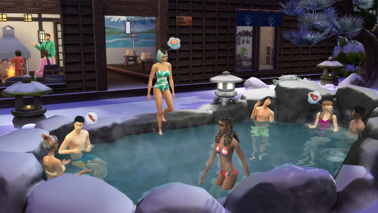 Scena z gry Sims z ludźmi w basenie, w tym sauną i budynkami w stylu japońskim.