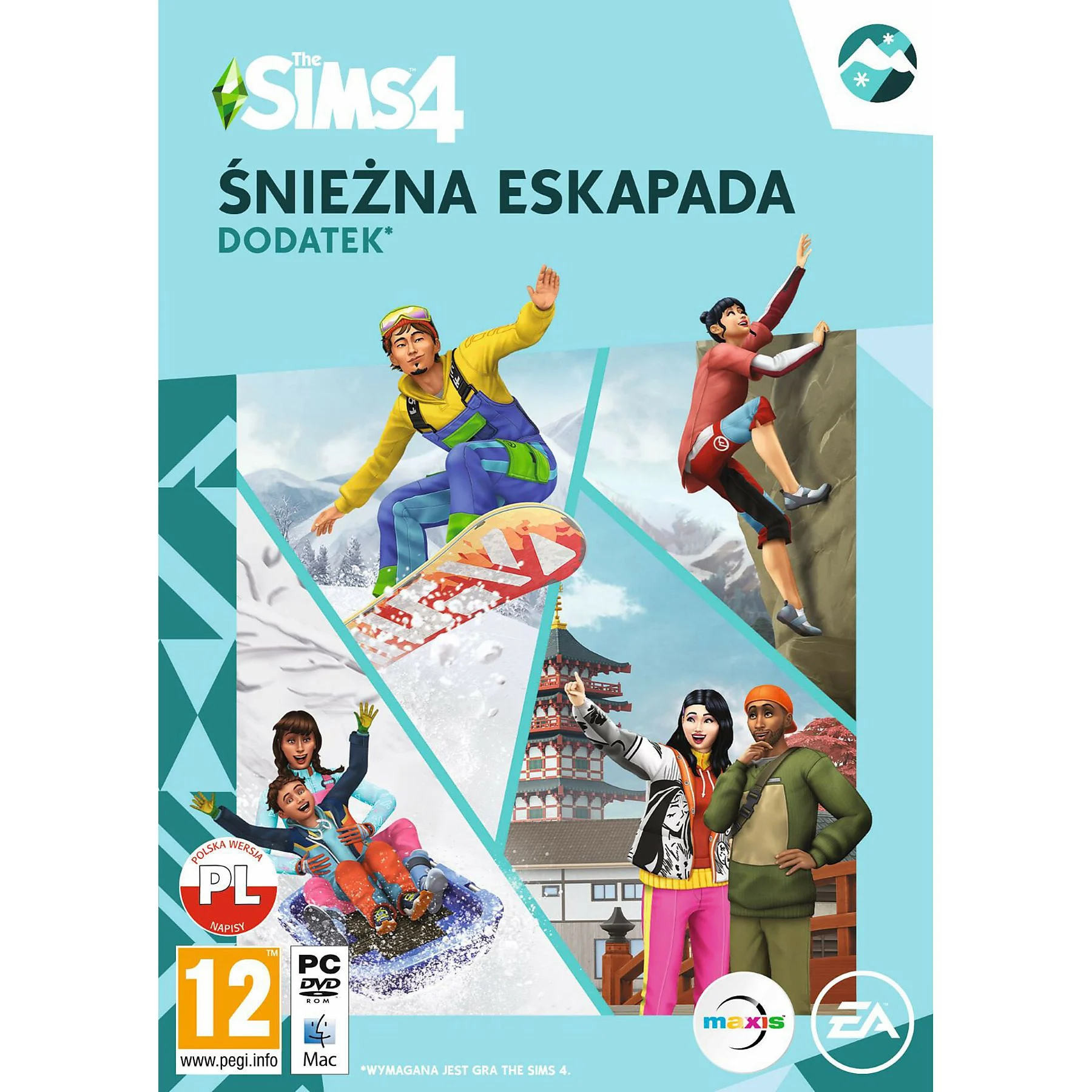 Okładka gry The Sims 4. Ludzie jeżdżą na nartach, snowboardzie i wspinają się.
