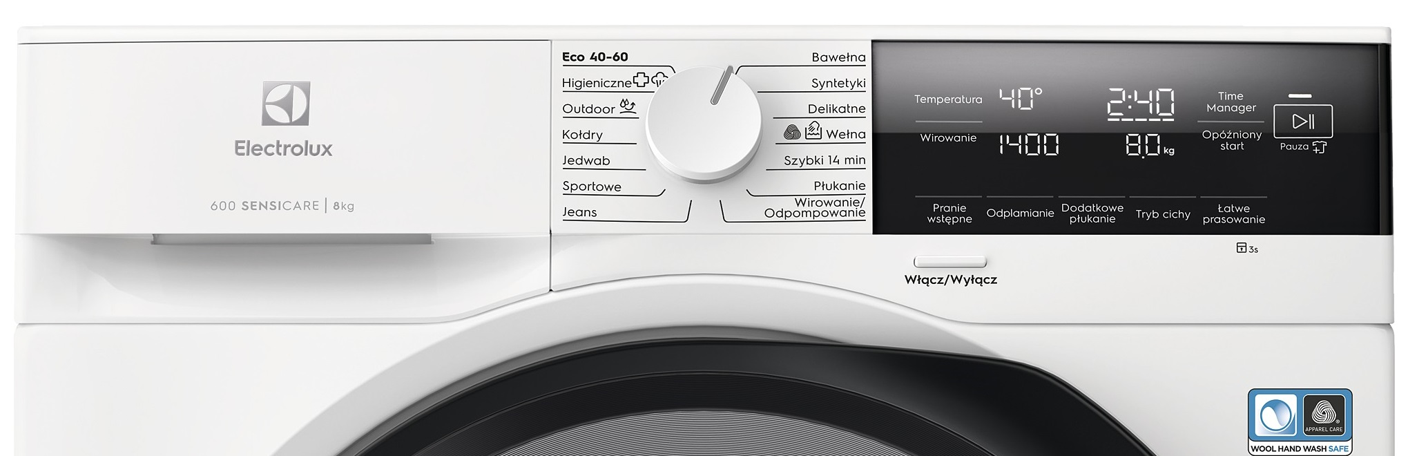 Biały panel sterowania pralki, z centralnym pokrętłem i wyświetlaczem cyfrowym.