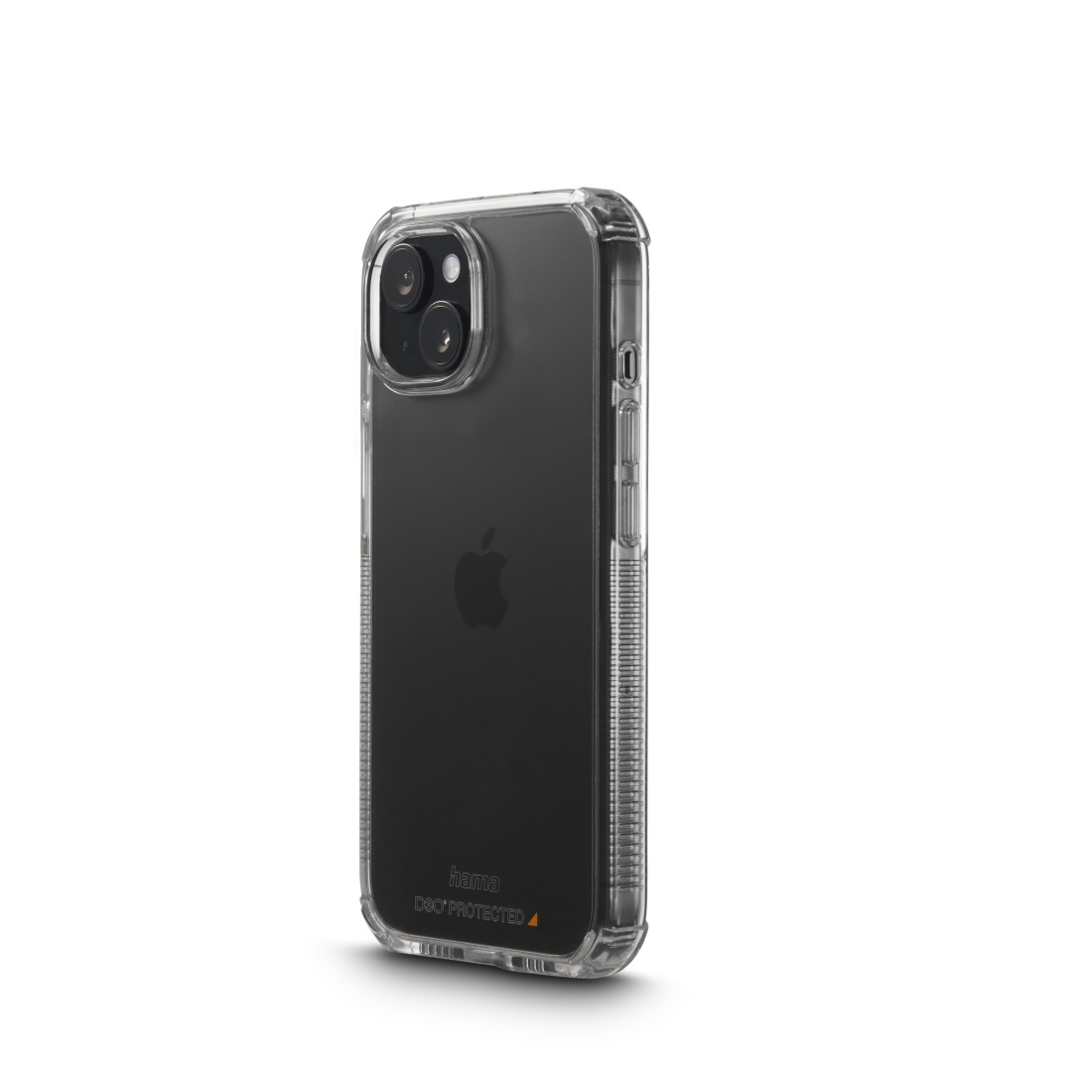 Transparente Handyhülle mit schwarzem Telefon darin, Winkelansicht.