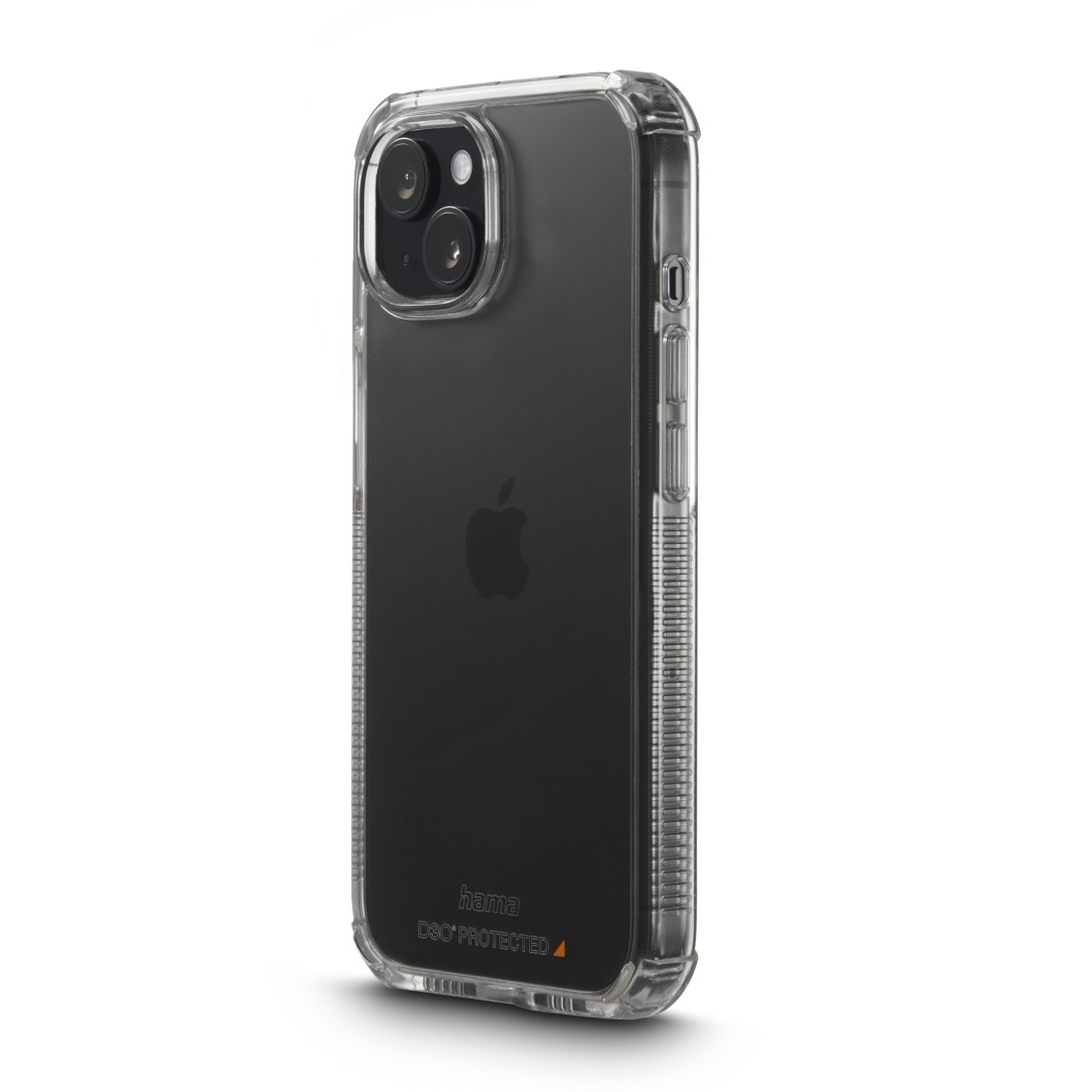 Transparente Handyhülle auf einem iPhone. Die Hülle ist transparent und bedeckt Rückseite und Seiten.