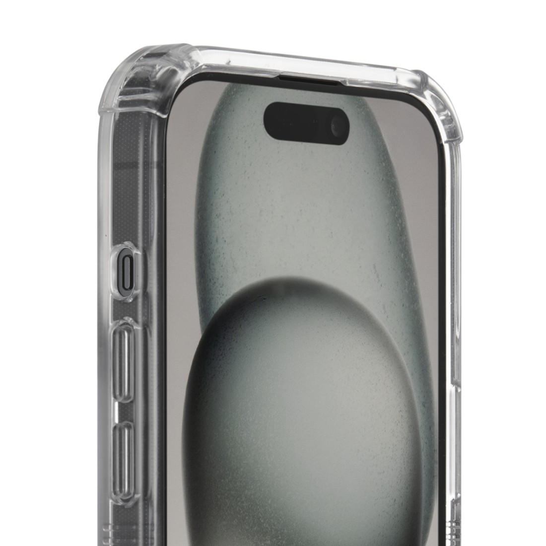 Nahaufnahme einer transparenten Handyhülle auf einem Telefon, die die Seitentasten und den Bildschirm zeigt.