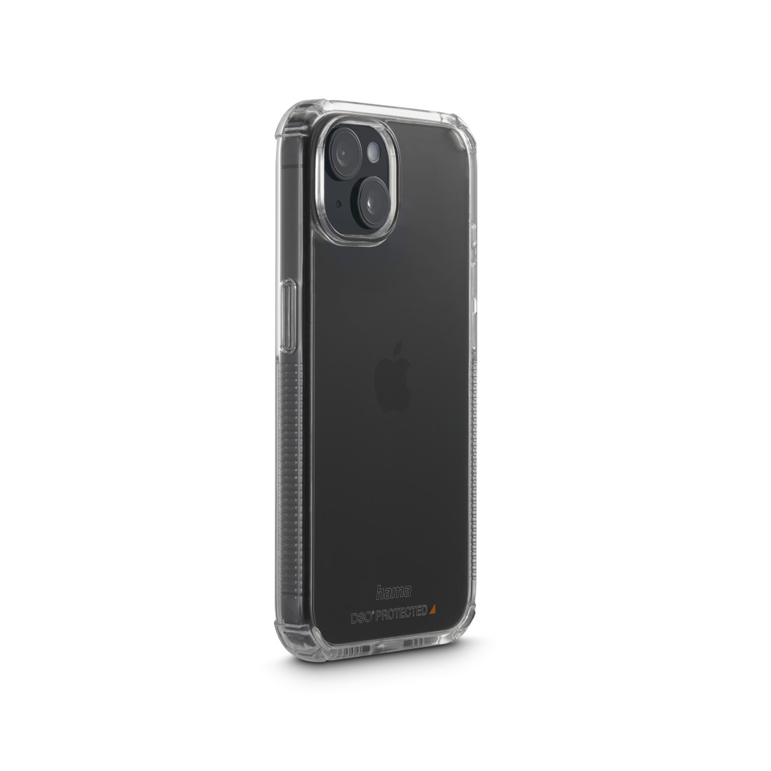 Transparente Handyhülle auf weißem Hintergrund, zeigt das iPhone mit sichtbarem Apple-Logo.