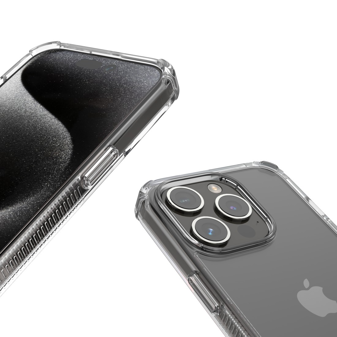 Zwei iPhones in durchsichtigen Hüllen, Nahaufnahme, Kamera und Bildschirm zeigend.