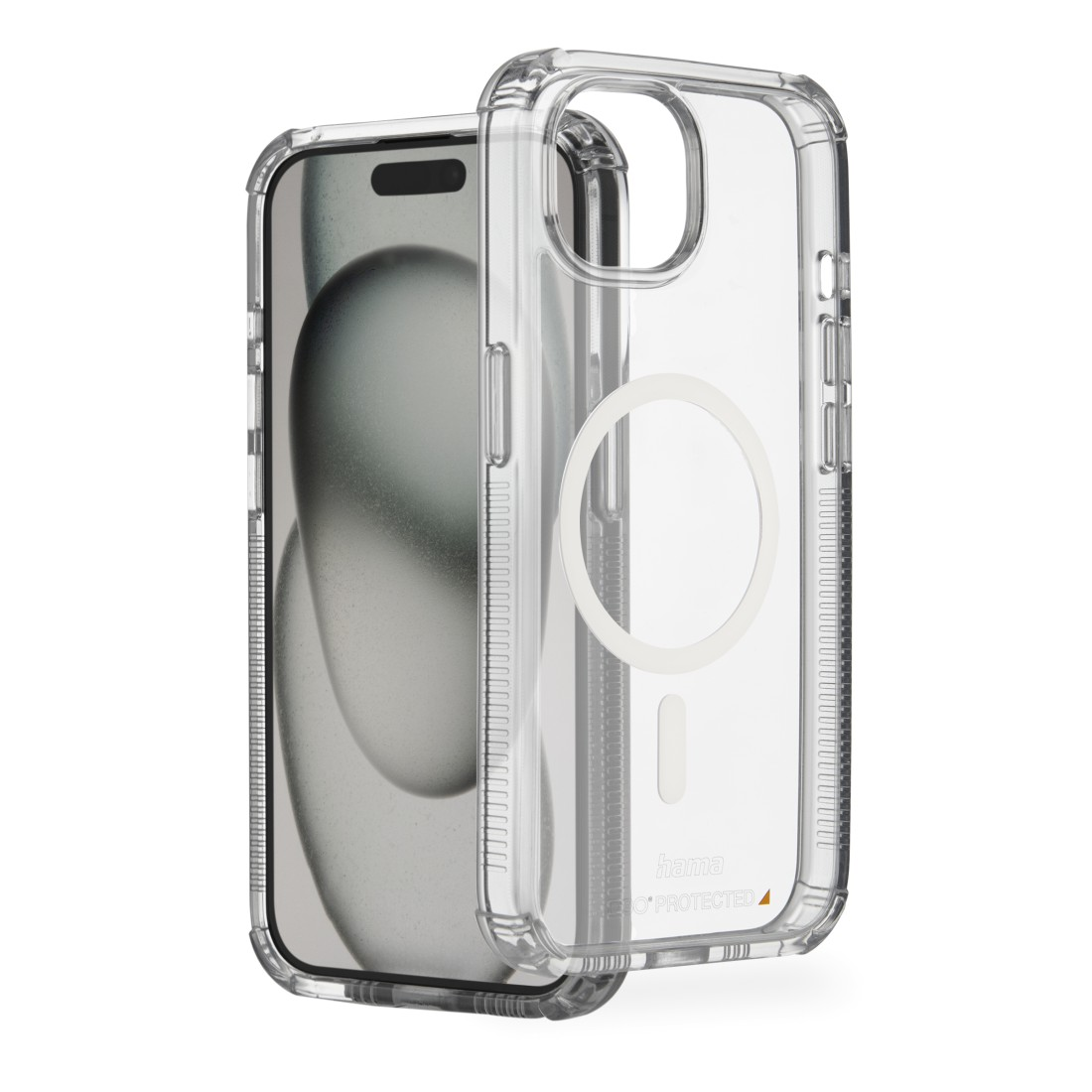 Transparente Handyhülle mit einem Telefon darin. Die Hülle ist durchsichtig und hat einen weißen Kreis auf der Rückseite.
